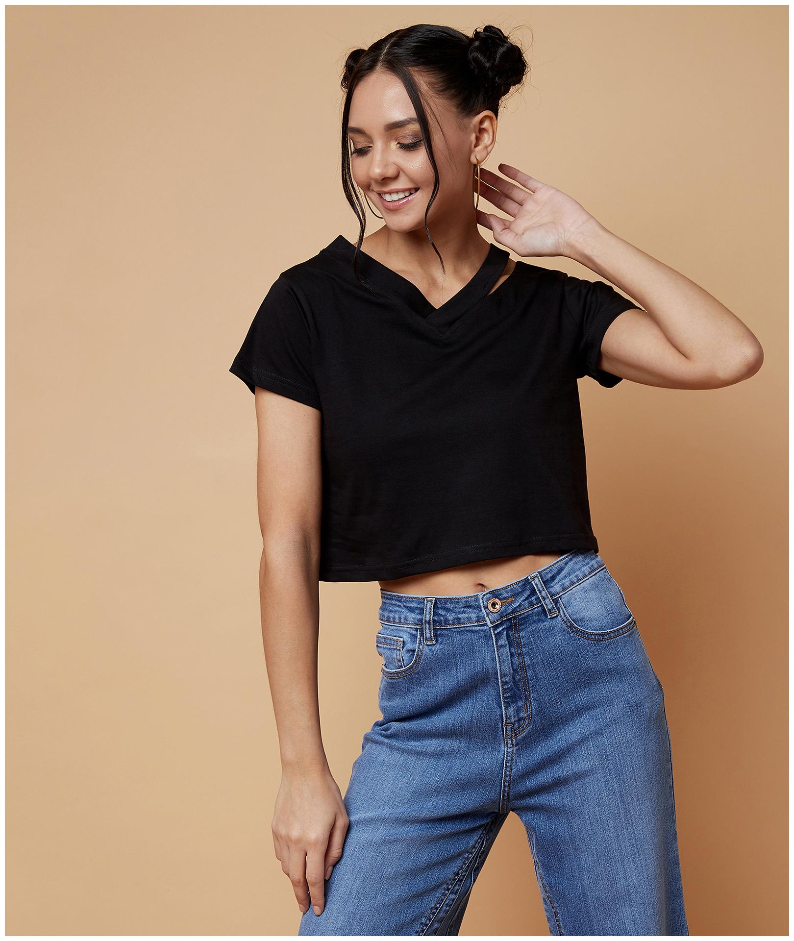 

Chimpaaanzee Women Cotton Solid Black Top