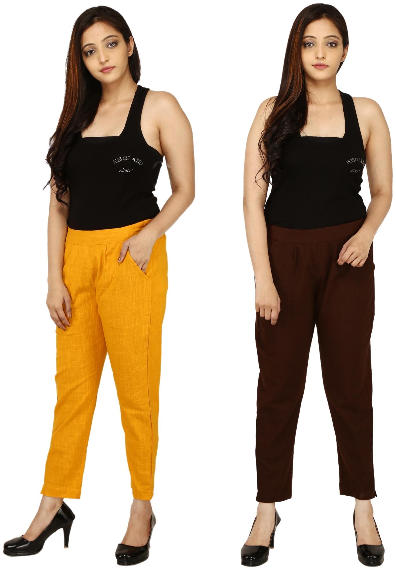 

Chinmaya Cotton Solid Yellow Brown Trousers Pant For Women