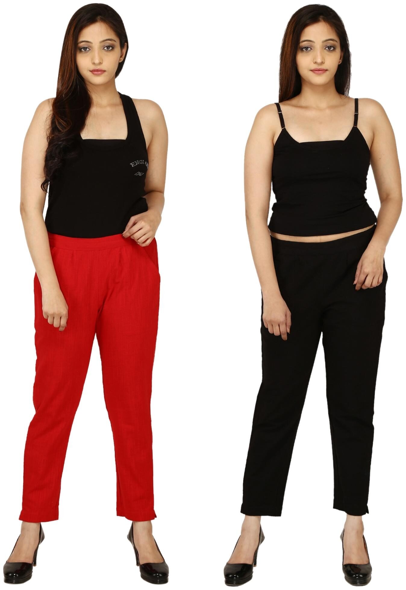 

Chinmaya Cotton Solid Red Black Trousers Pant For Women