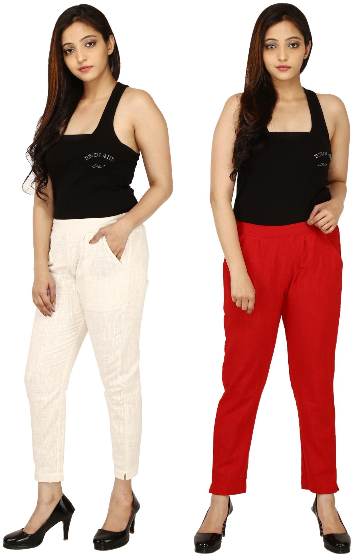 

Chinmaya Cotton Solid Cream Red Trousers Pant For Women