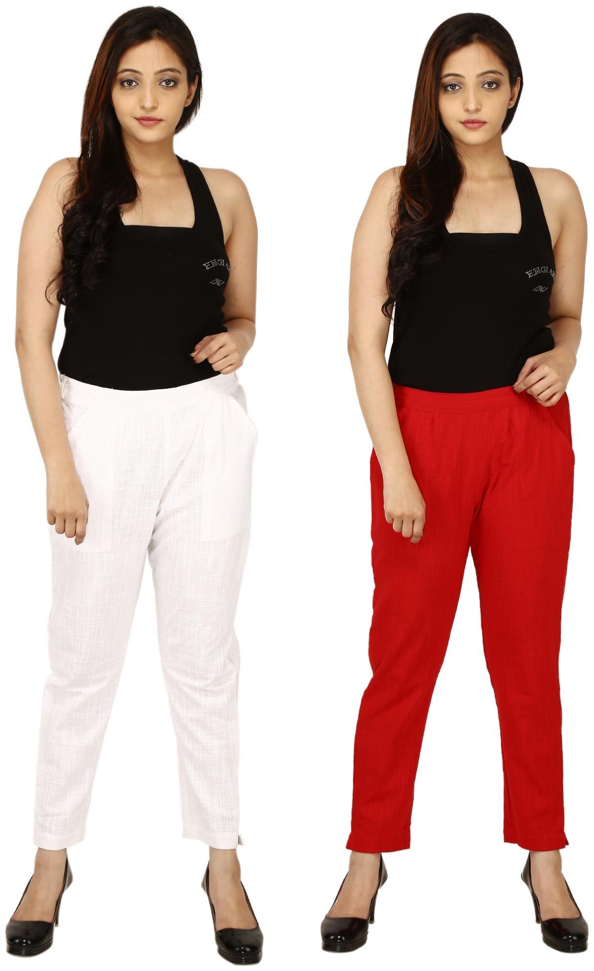 

Chinmaya Cotton Solid White Red Trousers Pant For Women