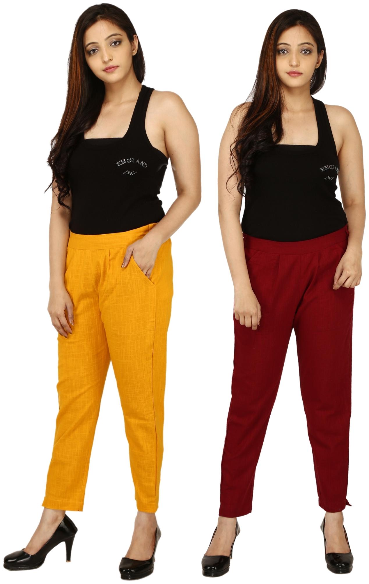 

Chinmaya Cotton Solid Yellow Maroon Trousers Pant For Women