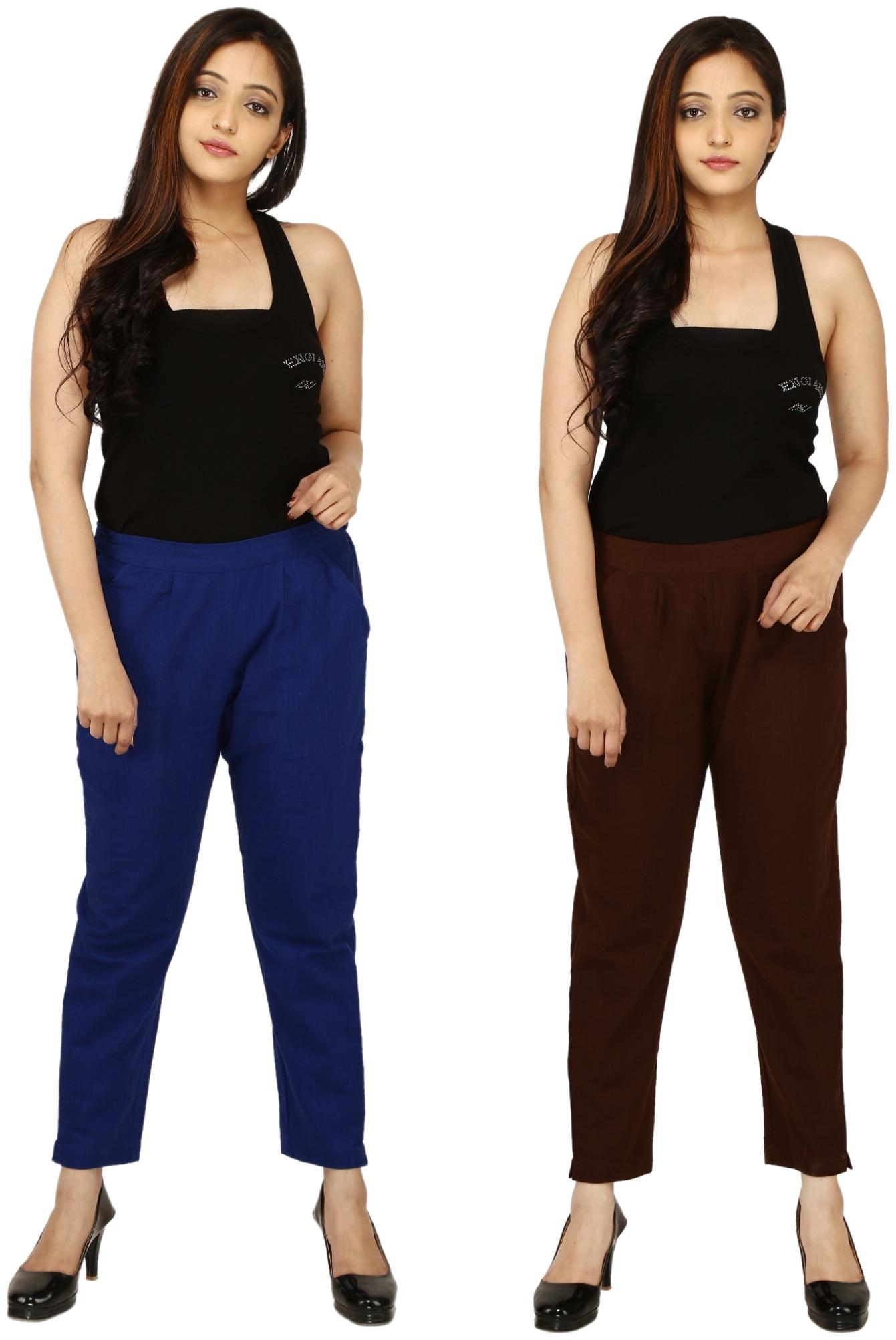 

Chinmaya Cotton Solid Blue Brown Trousers Pant For Women