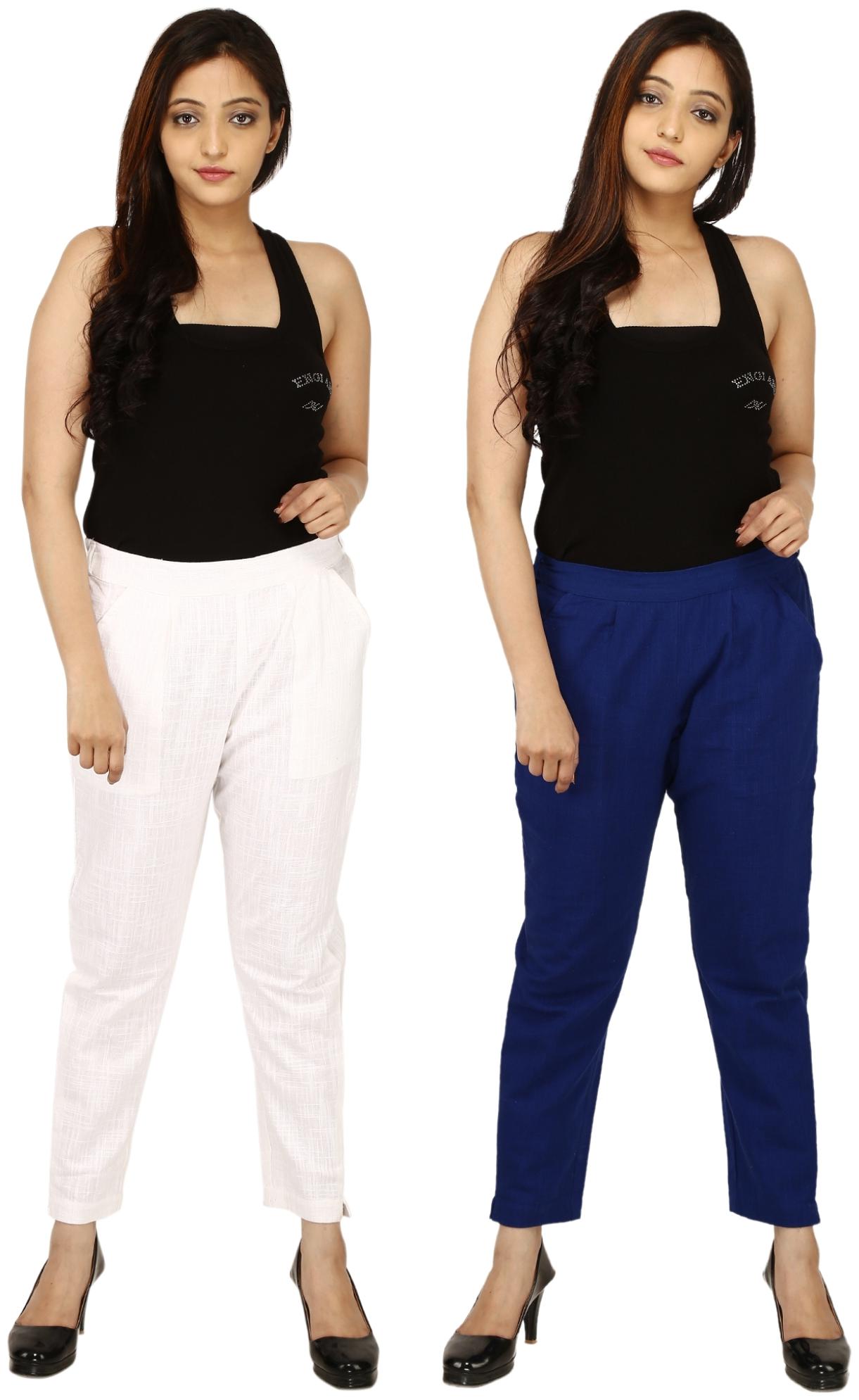 

Chinmaya Cotton Solid White Blue Trousers Pant For Women