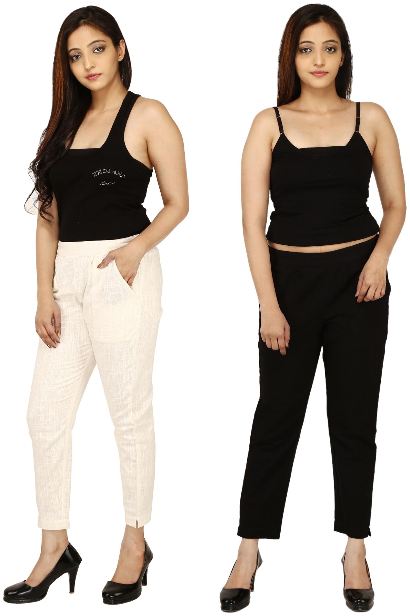 

Chinmaya Cotton Solid Cream Black Trousers Pant For Women