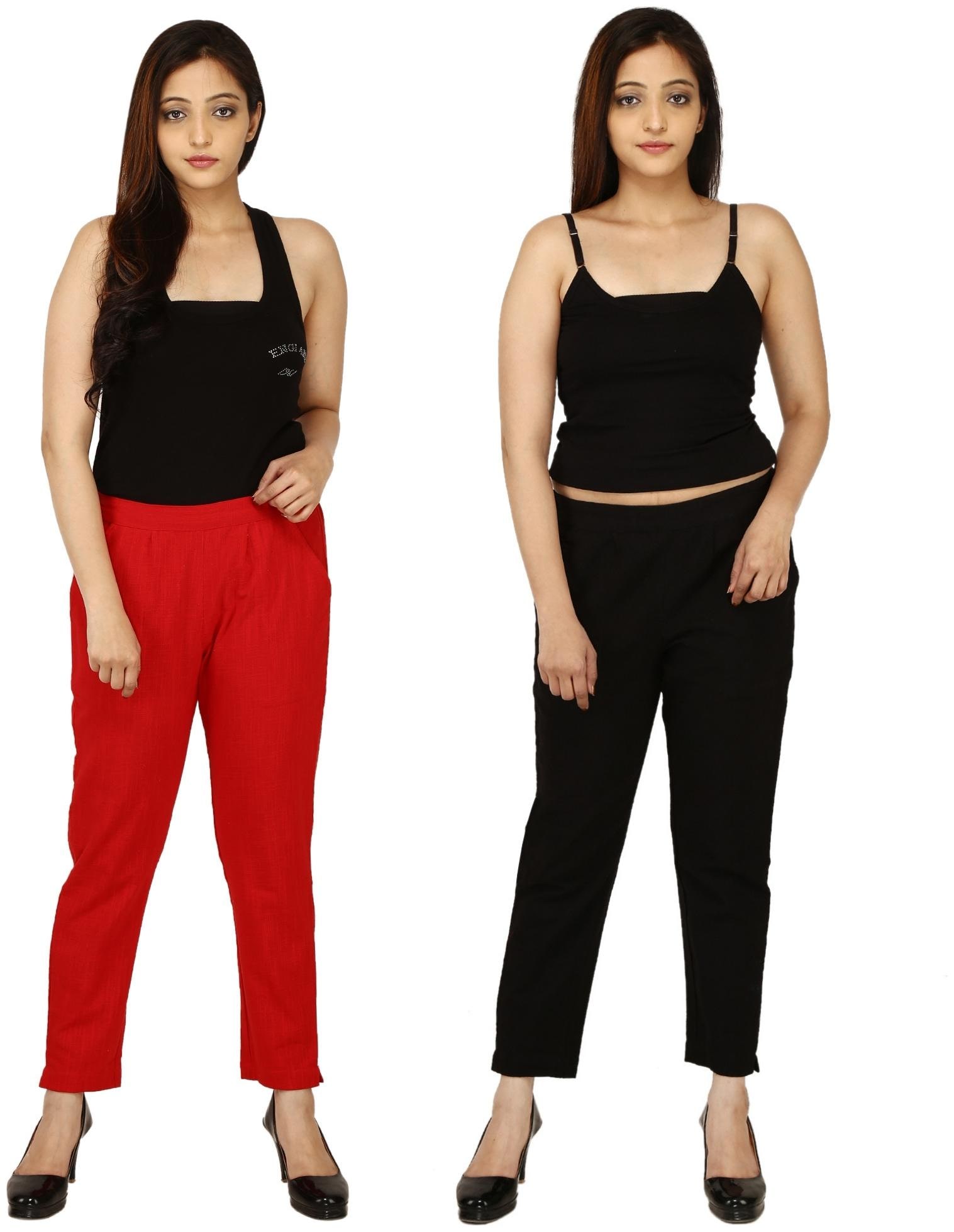

Chinmaya Cotton Solid Red Black Trousers Pant For Women