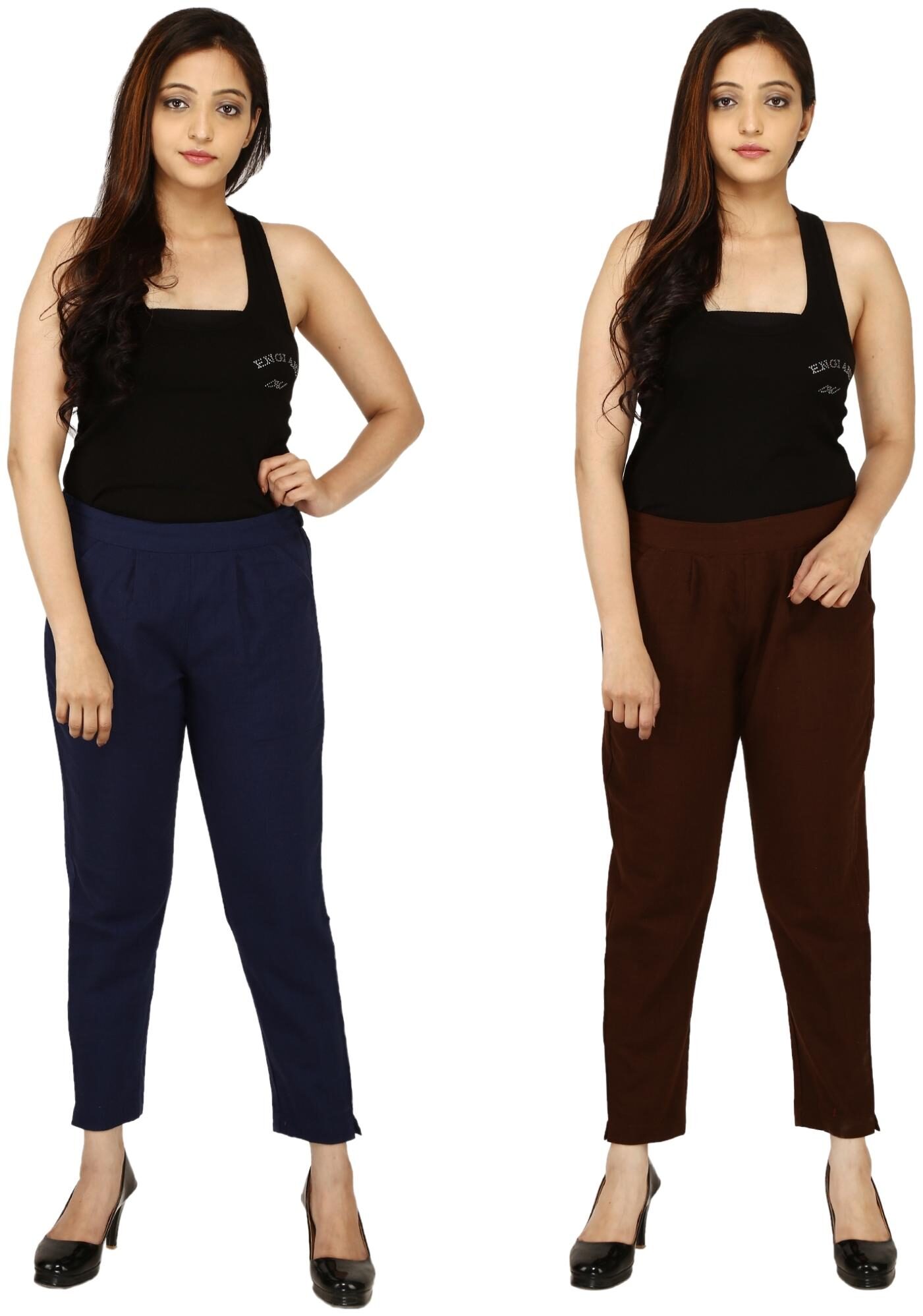 

Chinmaya Cotton Solid Navy Blue Brown Trousers Pant For Women