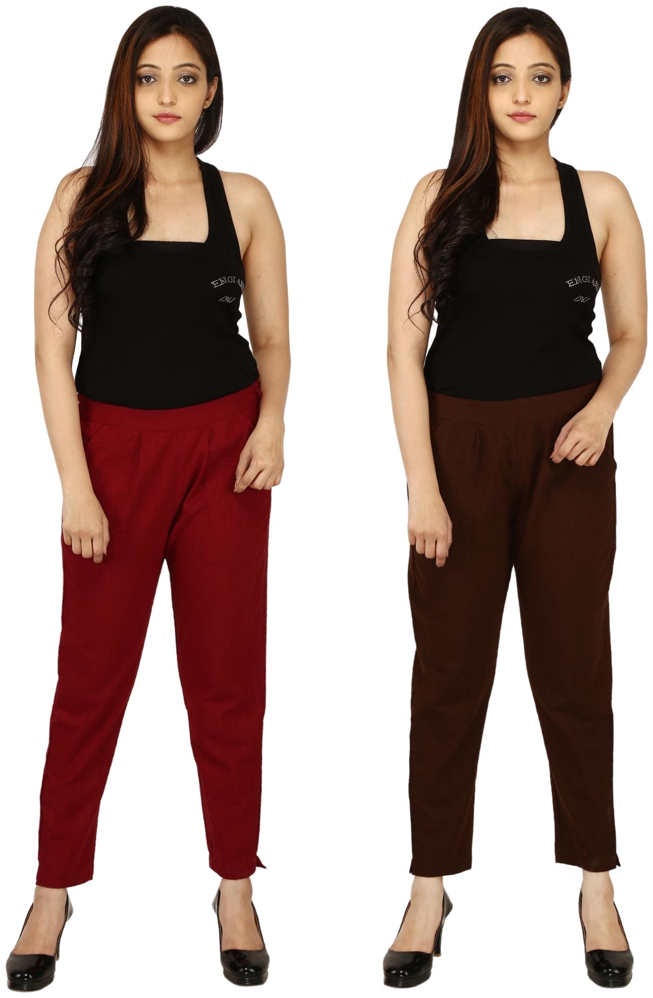 

Chinmaya Cotton Solid Maroon Brown Trousers Pant For Women