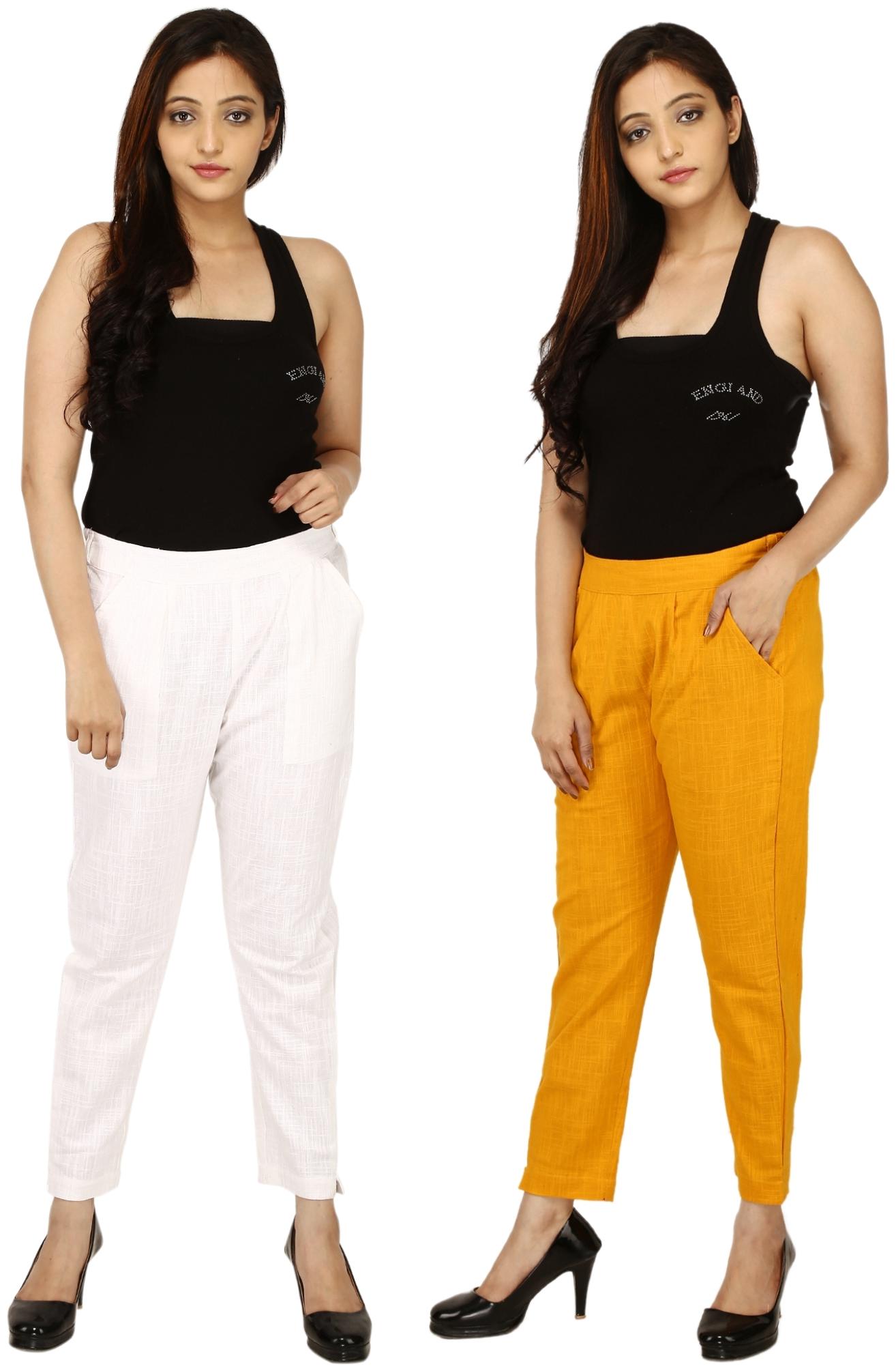 

Chinmaya Cotton Solid Yellow White Trousers Pant For Women