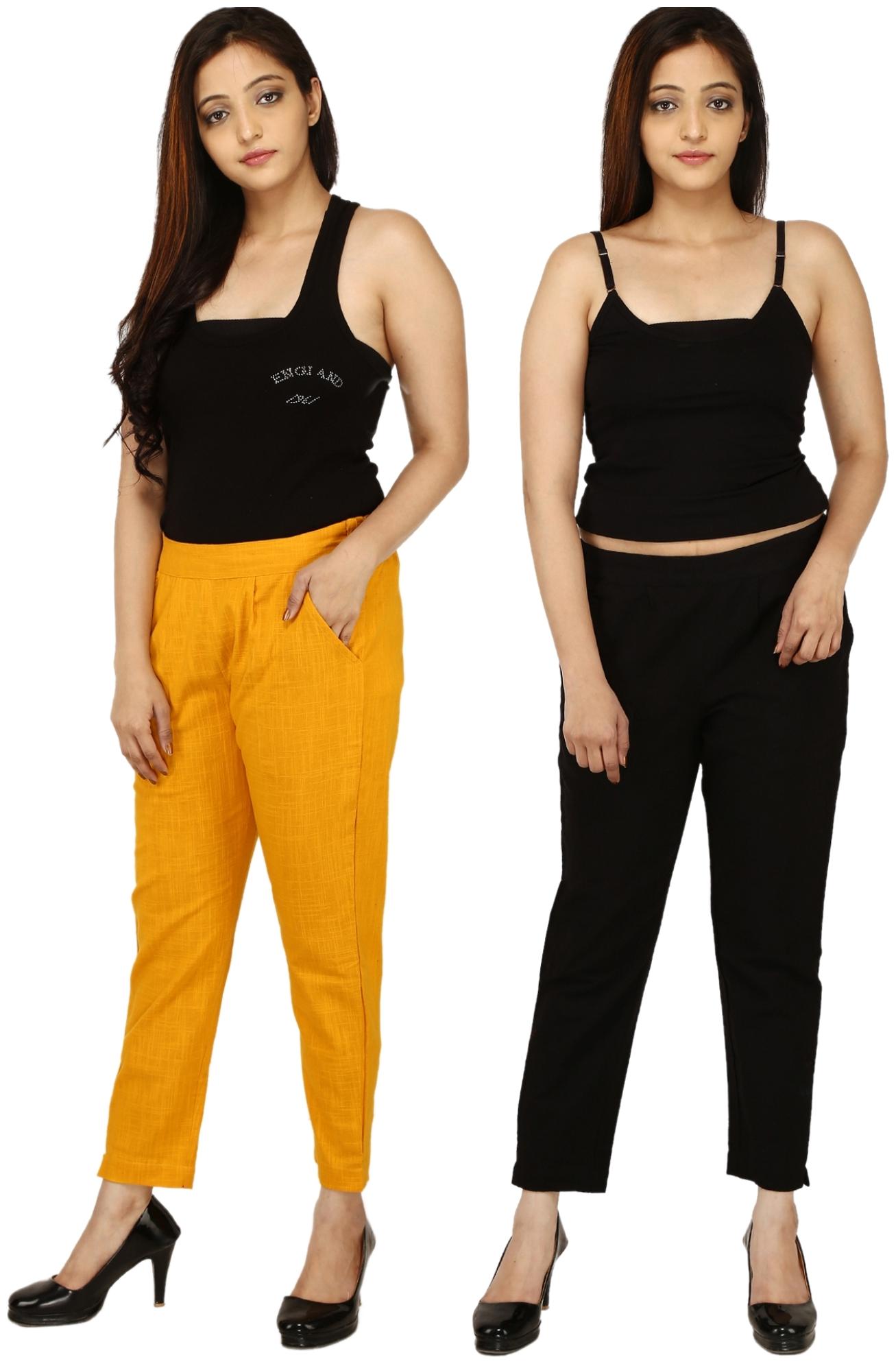 

Chinmaya Cotton Solid Yellow Black Trousers Pant For Women