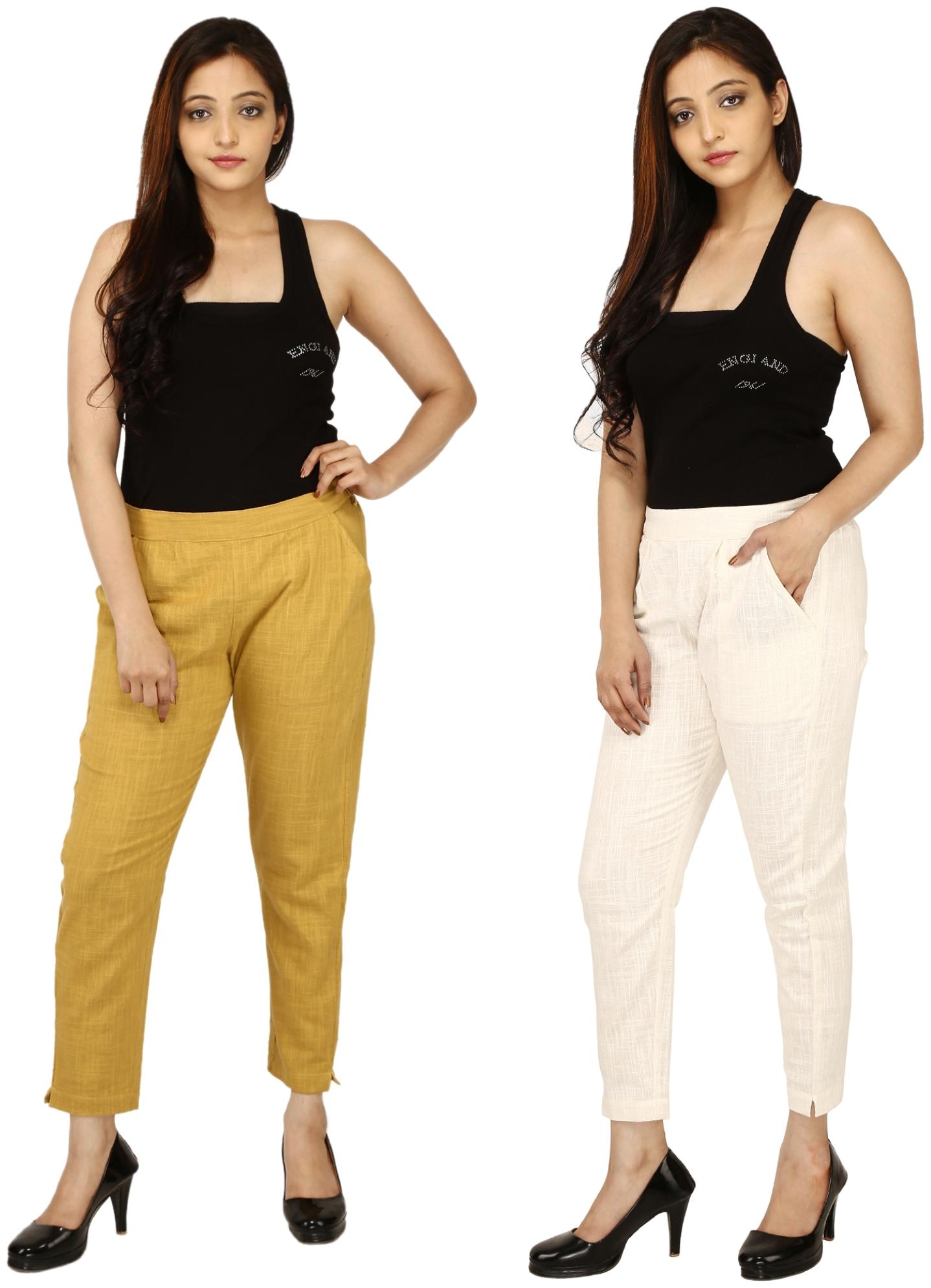 

Chinmaya Cotton Solid Mustard Cream Trousers Pant For Women