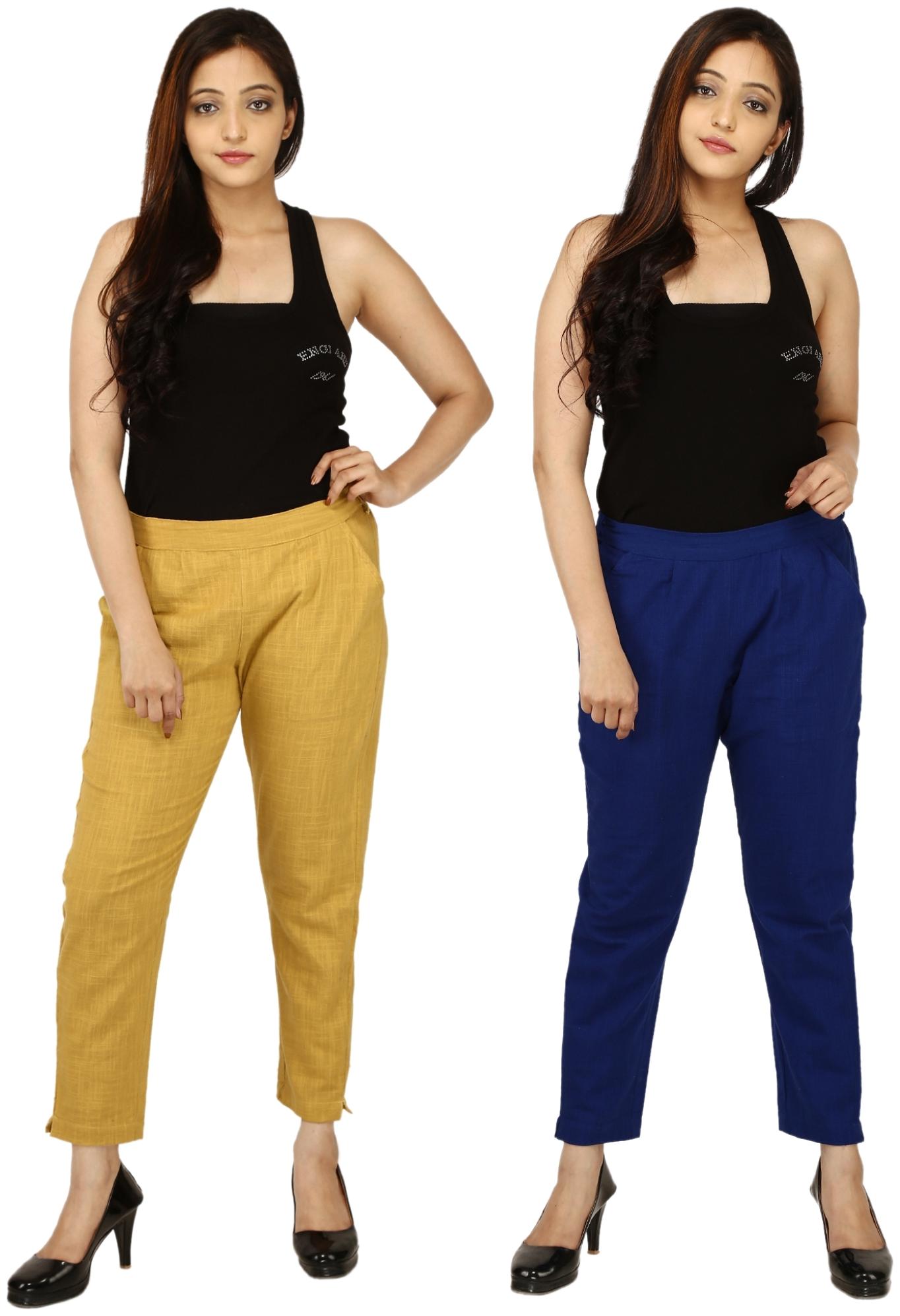 

Chinmaya Cotton Solid Mustard Blue Trousers Pant For Women