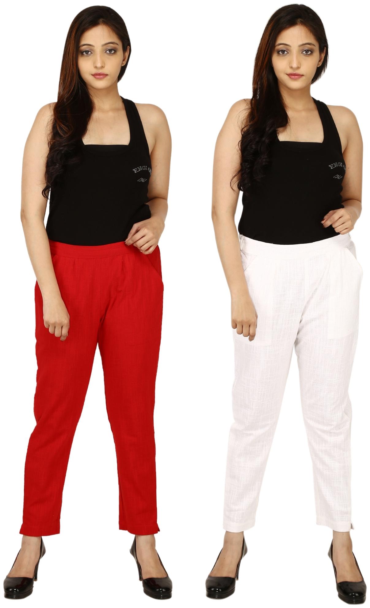 

Chinmaya Cotton Solid Red White Trousers Pant For Women