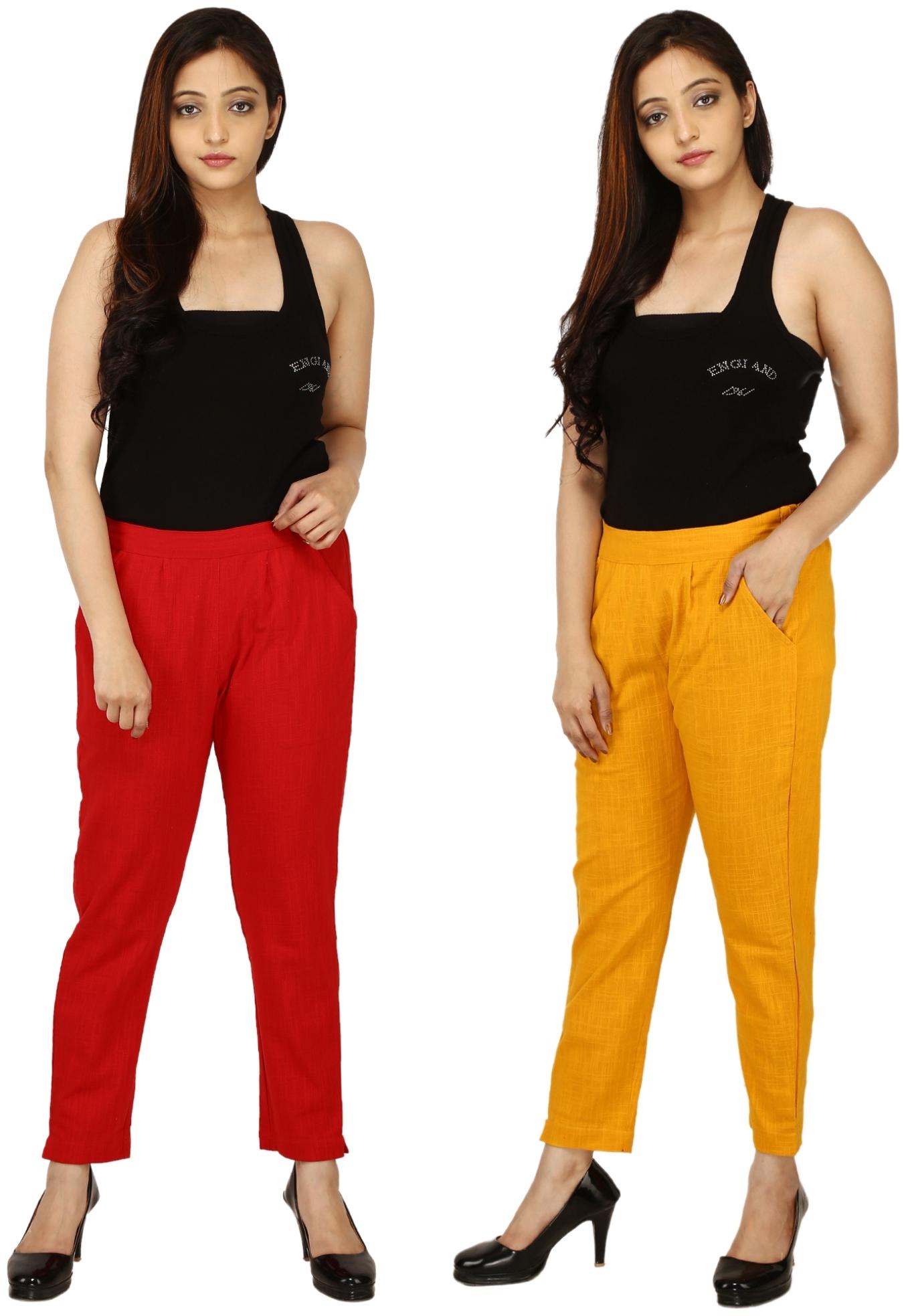 

Chinmaya Cotton Solid Red Yellow Trousers Pant For Women