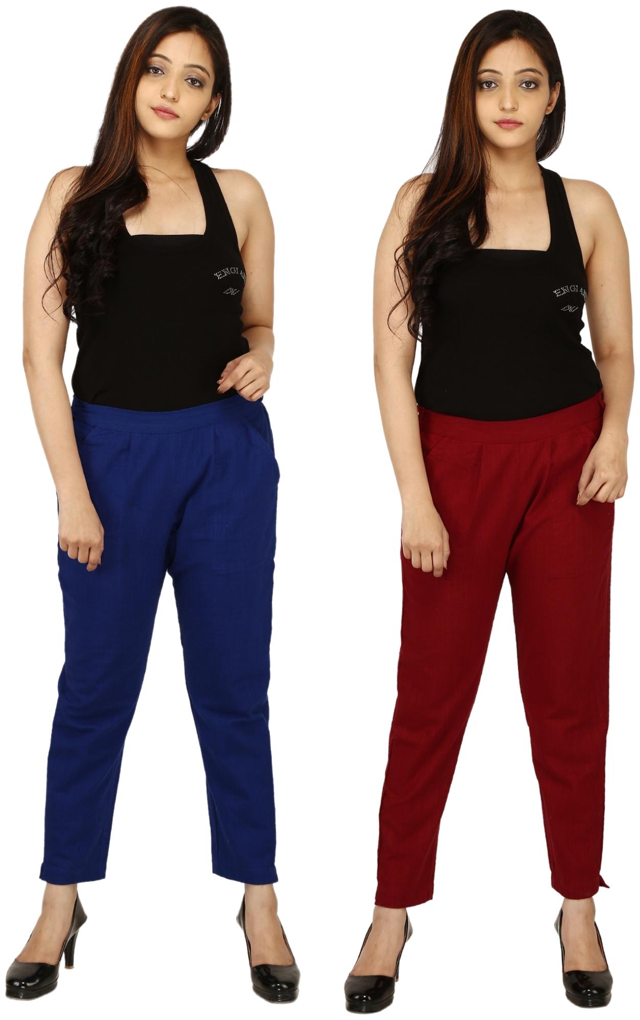 

Chinmaya Cotton Solid Maroon Blue Trousers Pant For Women
