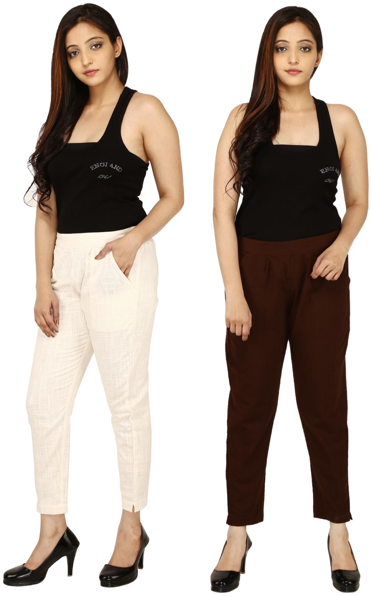 

Chinmaya Cotton Solid Cream Brown Trousers Pant For Women