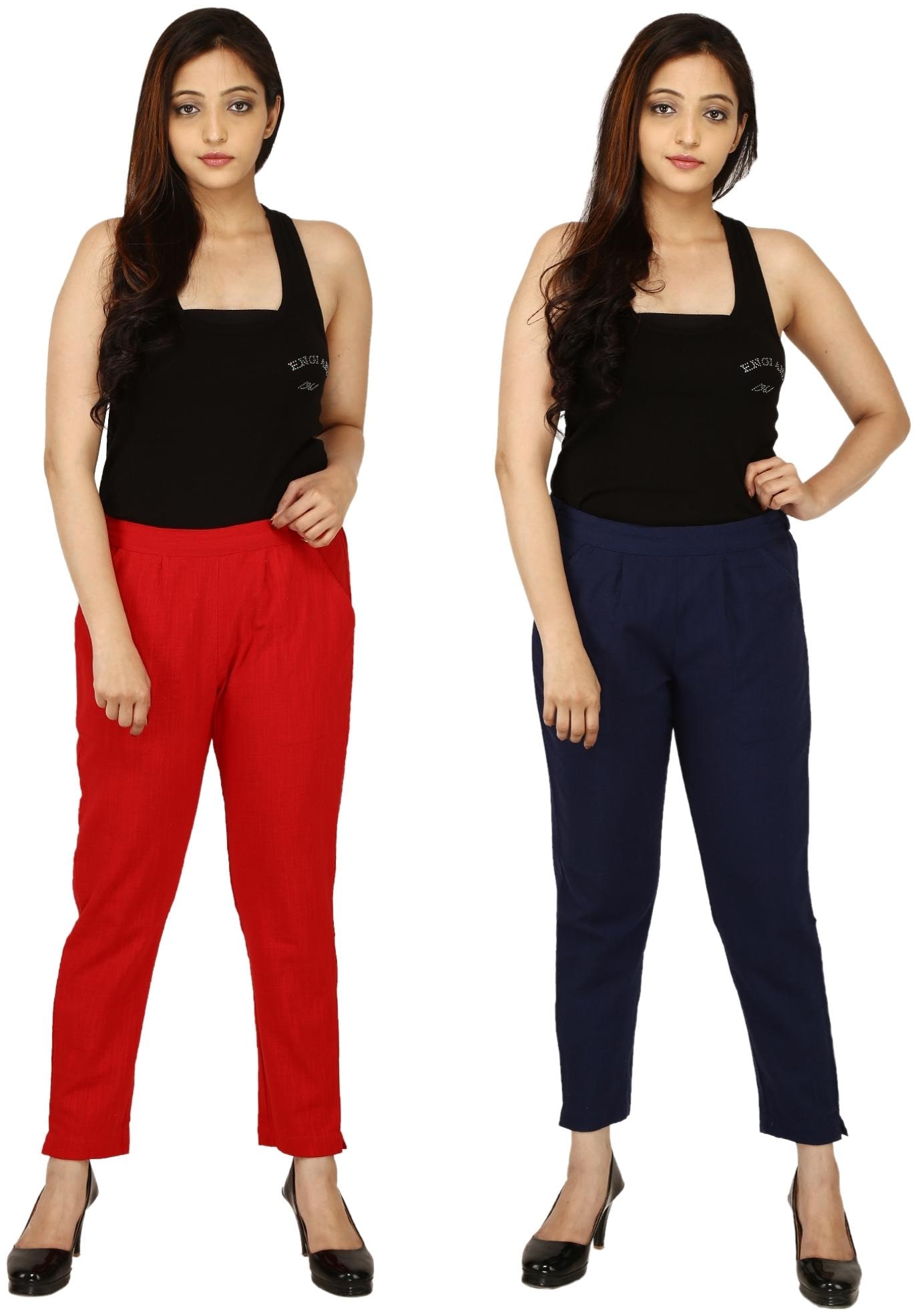 

Chinmaya Cotton Solid Red Navy Blue Trousers Pant For Women
