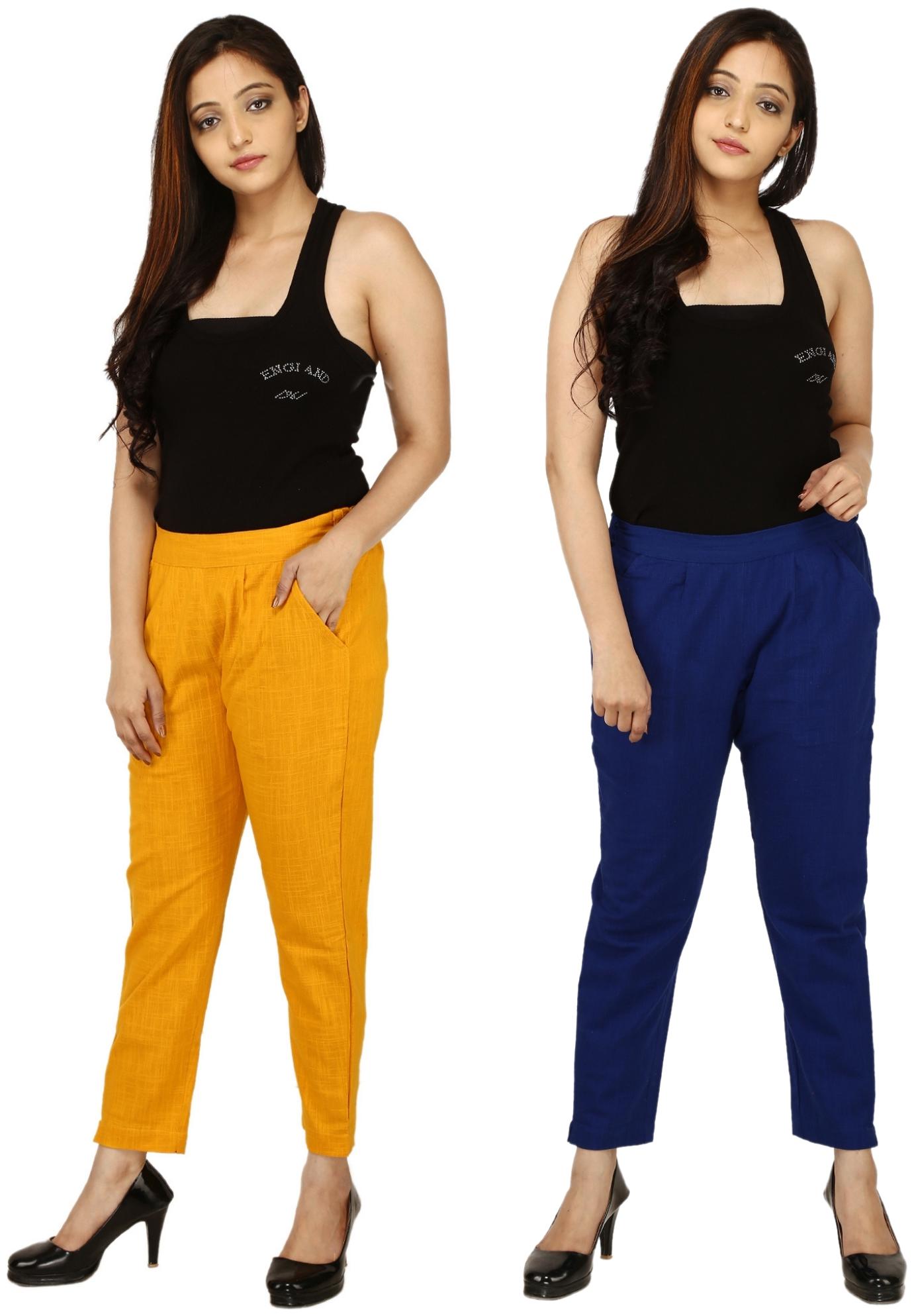 

Chinmaya Cotton Solid Yellow Blue Trousers Pant For Women