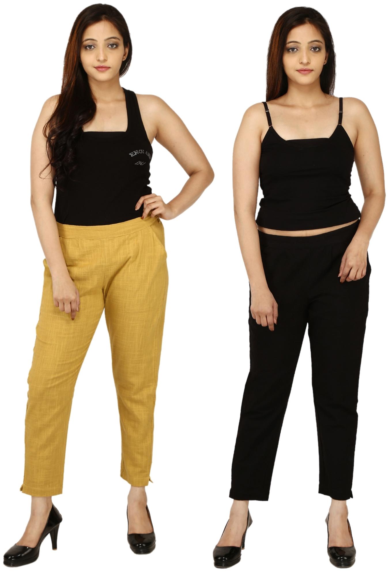 

Chinmaya Cotton Solid Mustard Black Trousers Pant For Women