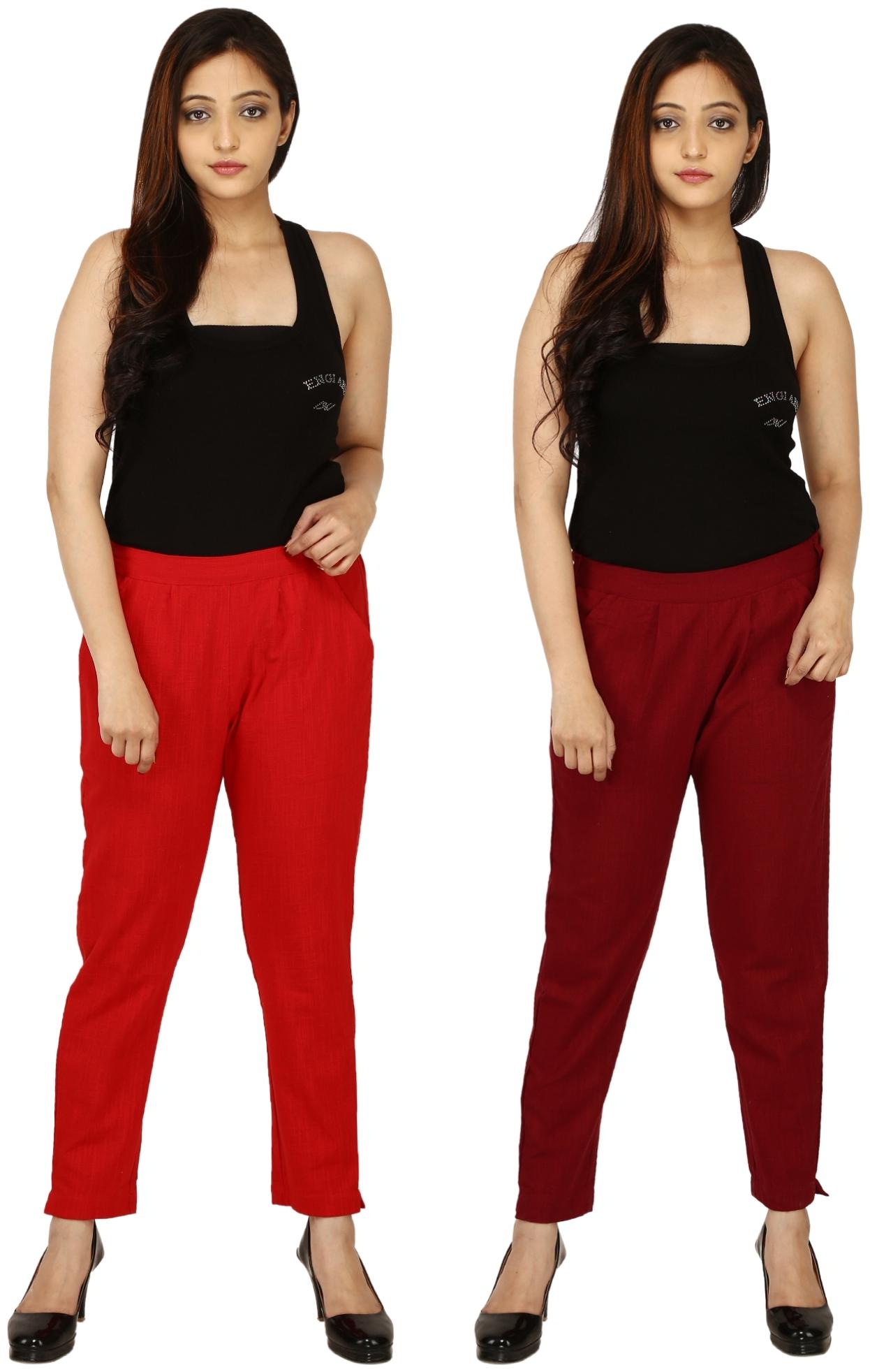 

Chinmaya Cotton Solid Red Maroon Trousers Pant For Women