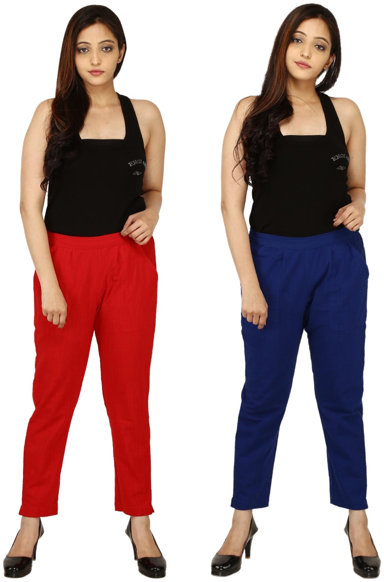 

Chinmaya Cotton Solid Red Blue Trousers Pant For Women