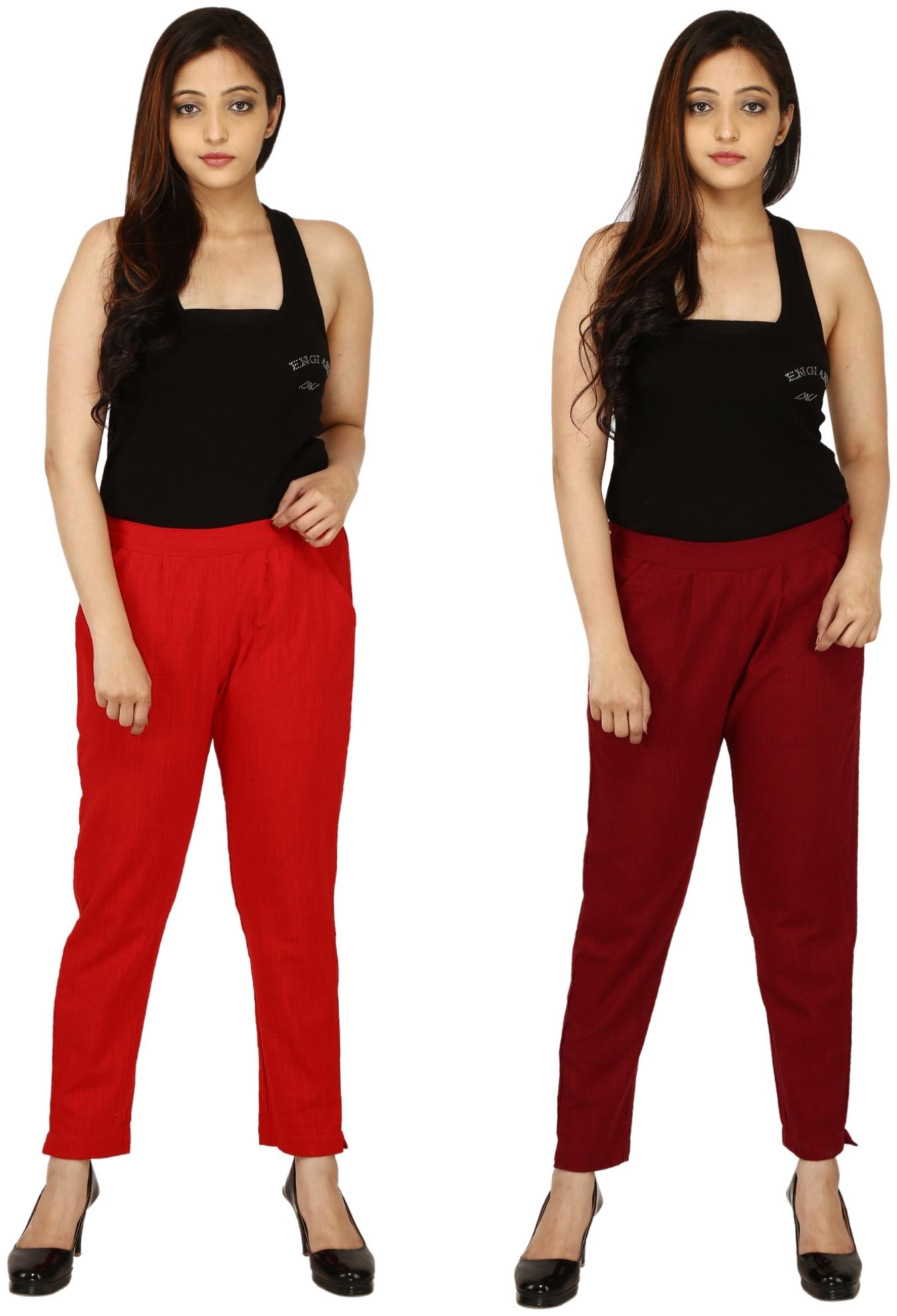 

Chinmaya Cotton Solid Red Maroon Trousers Pant For Women