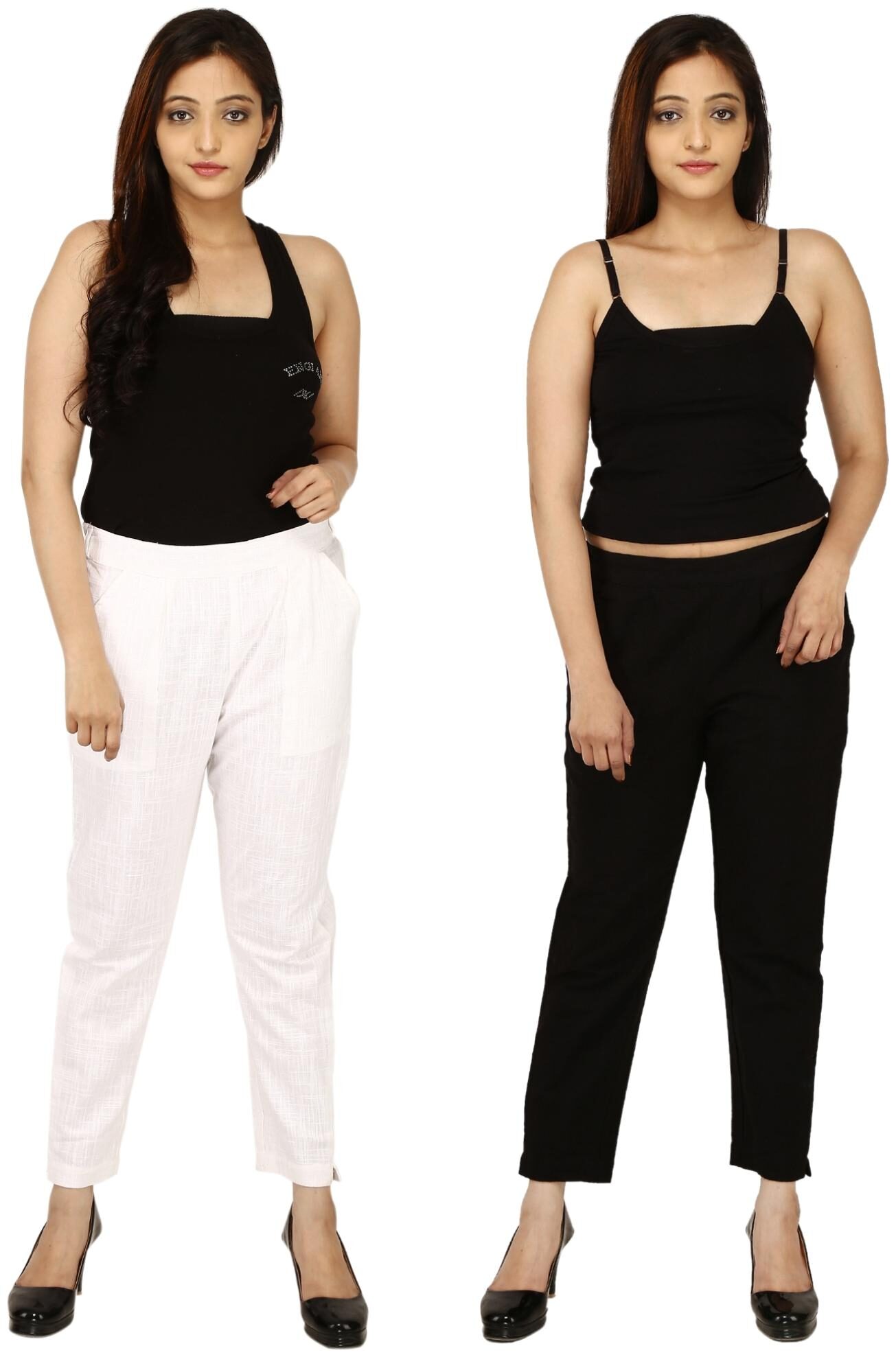 

Chinmaya Cotton Solid White Black Trousers Pant For Women