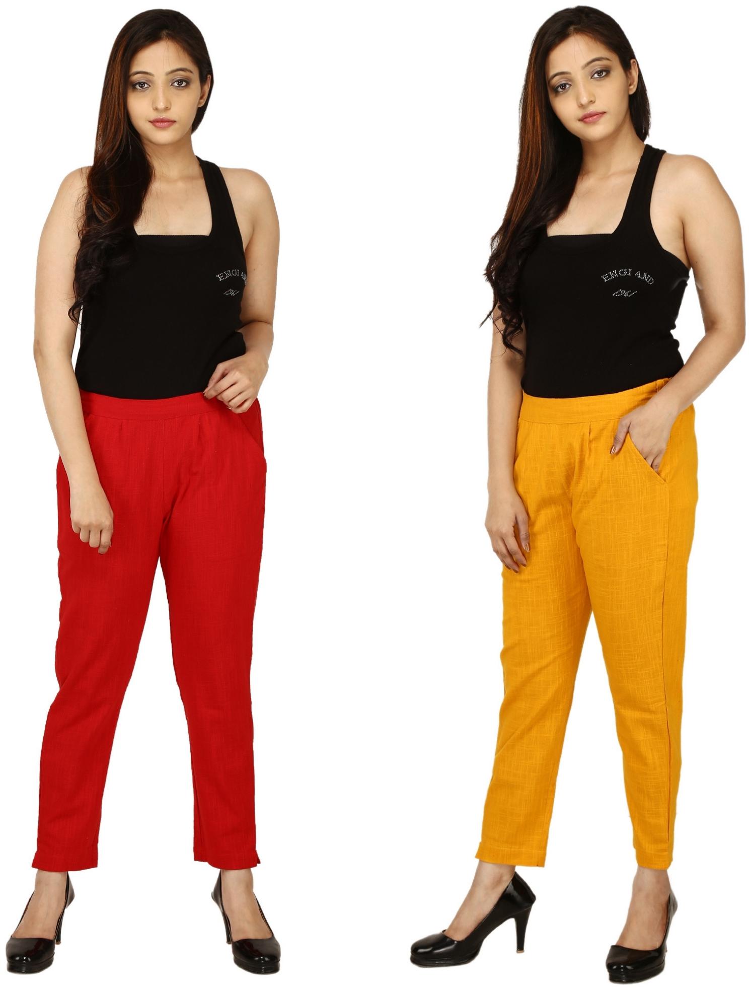 

Chinmaya Cotton Solid Yellow Red Trousers Pant For Women
