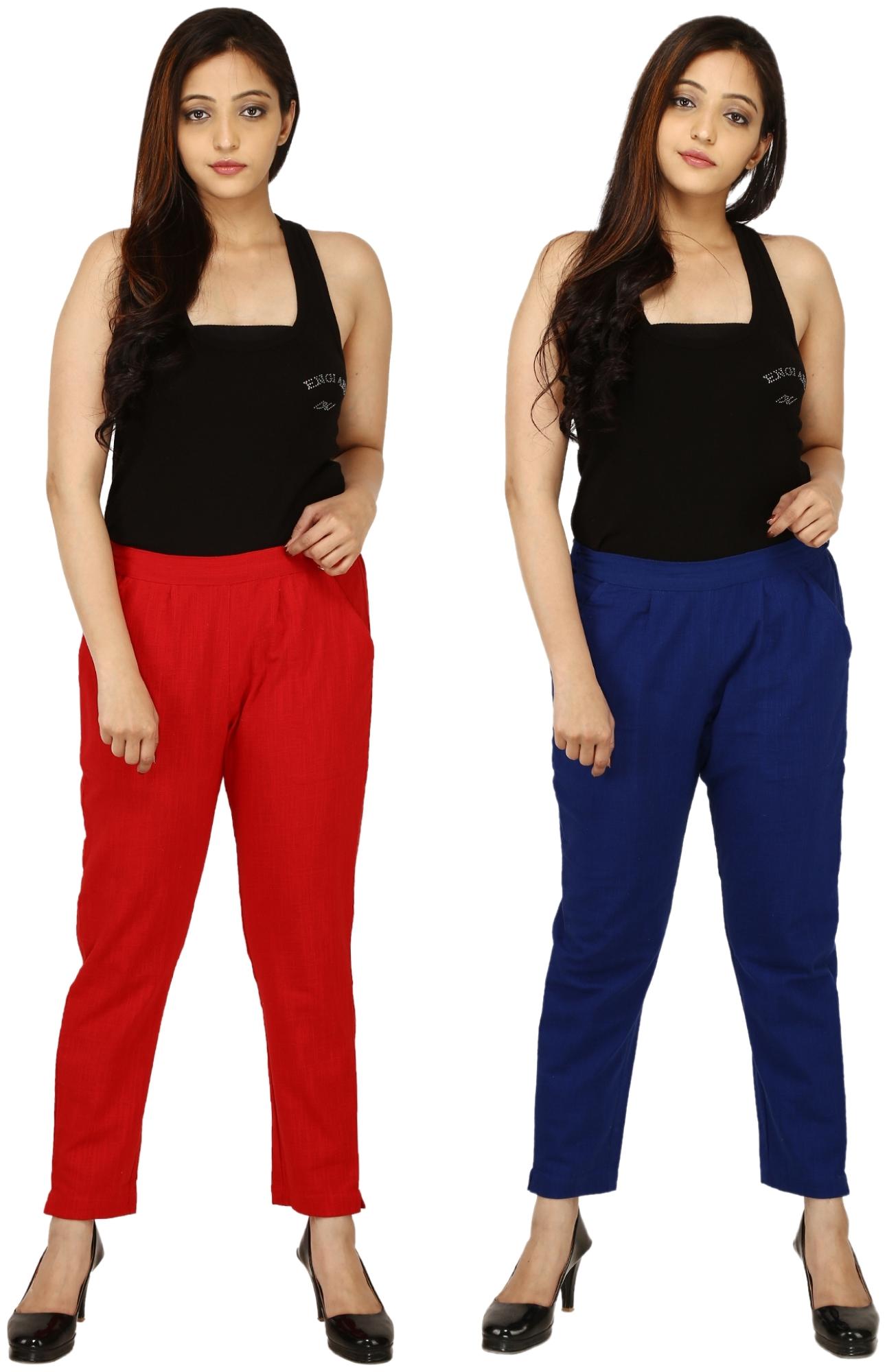 

Chinmaya Cotton Solid Red Blue Trousers Pant For Women