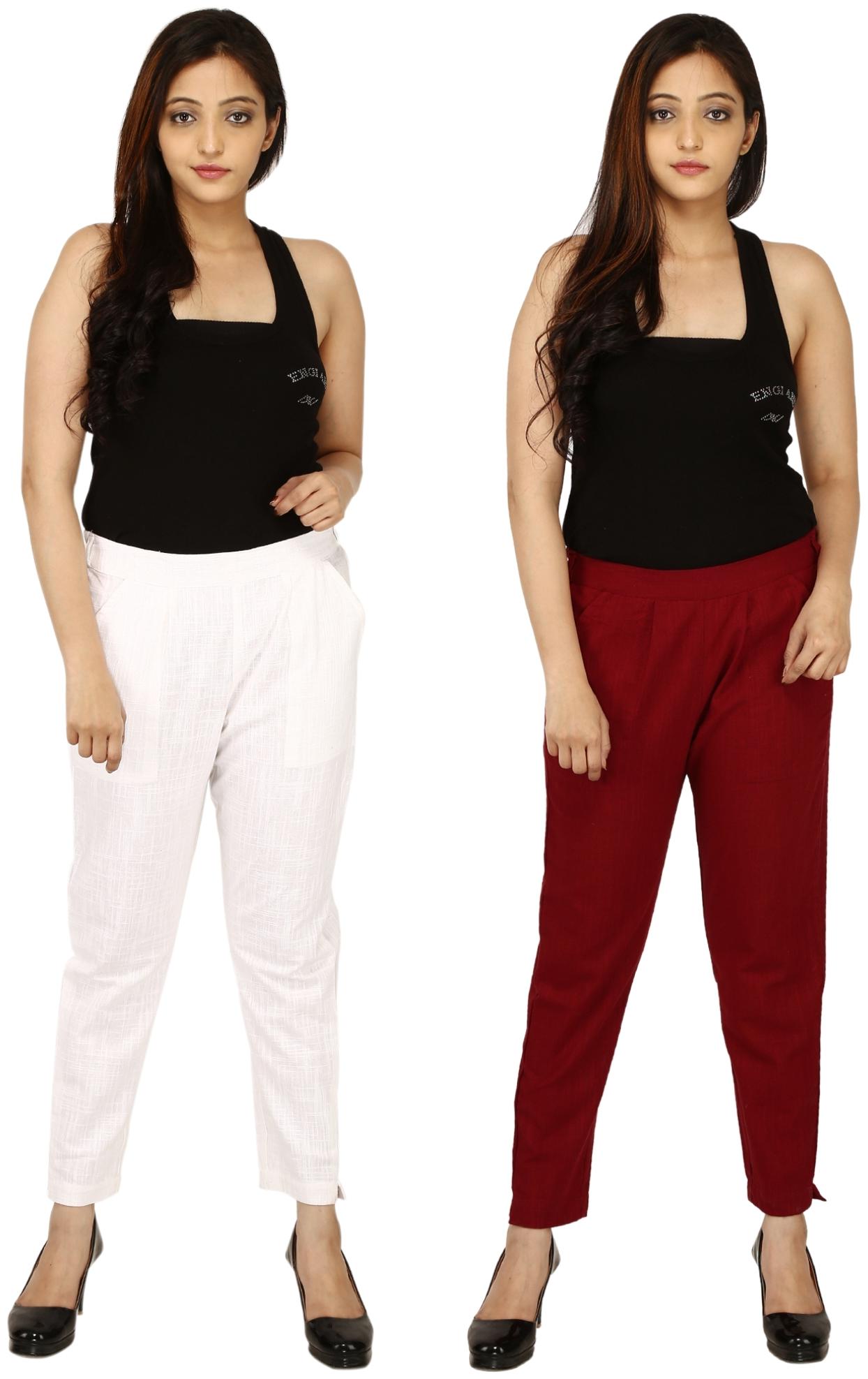 

Chinmaya Cotton Solid White Maroon Trousers Pant For Women