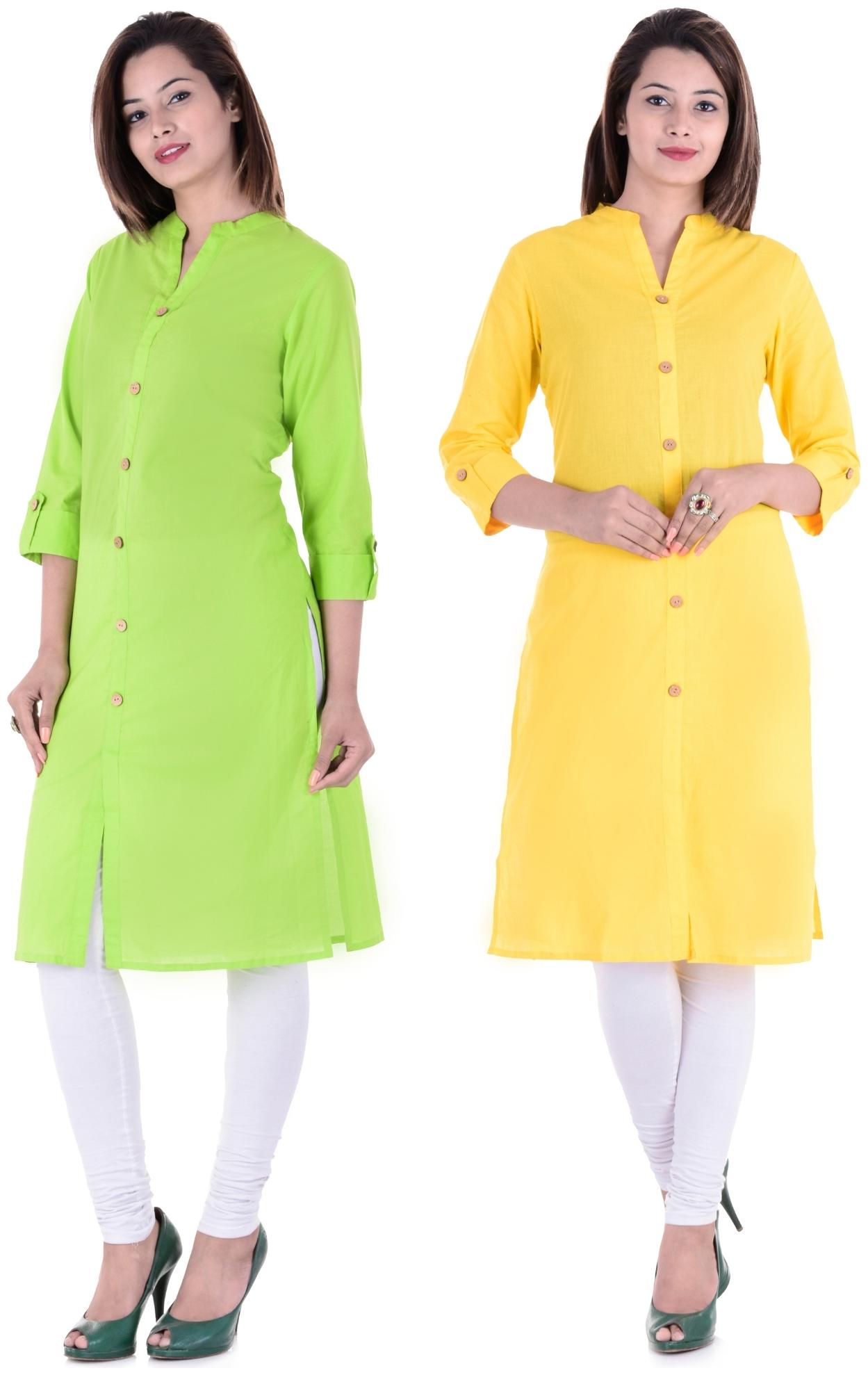 

CHINMAYA Women Green Yellow Solid Straight Kurti
