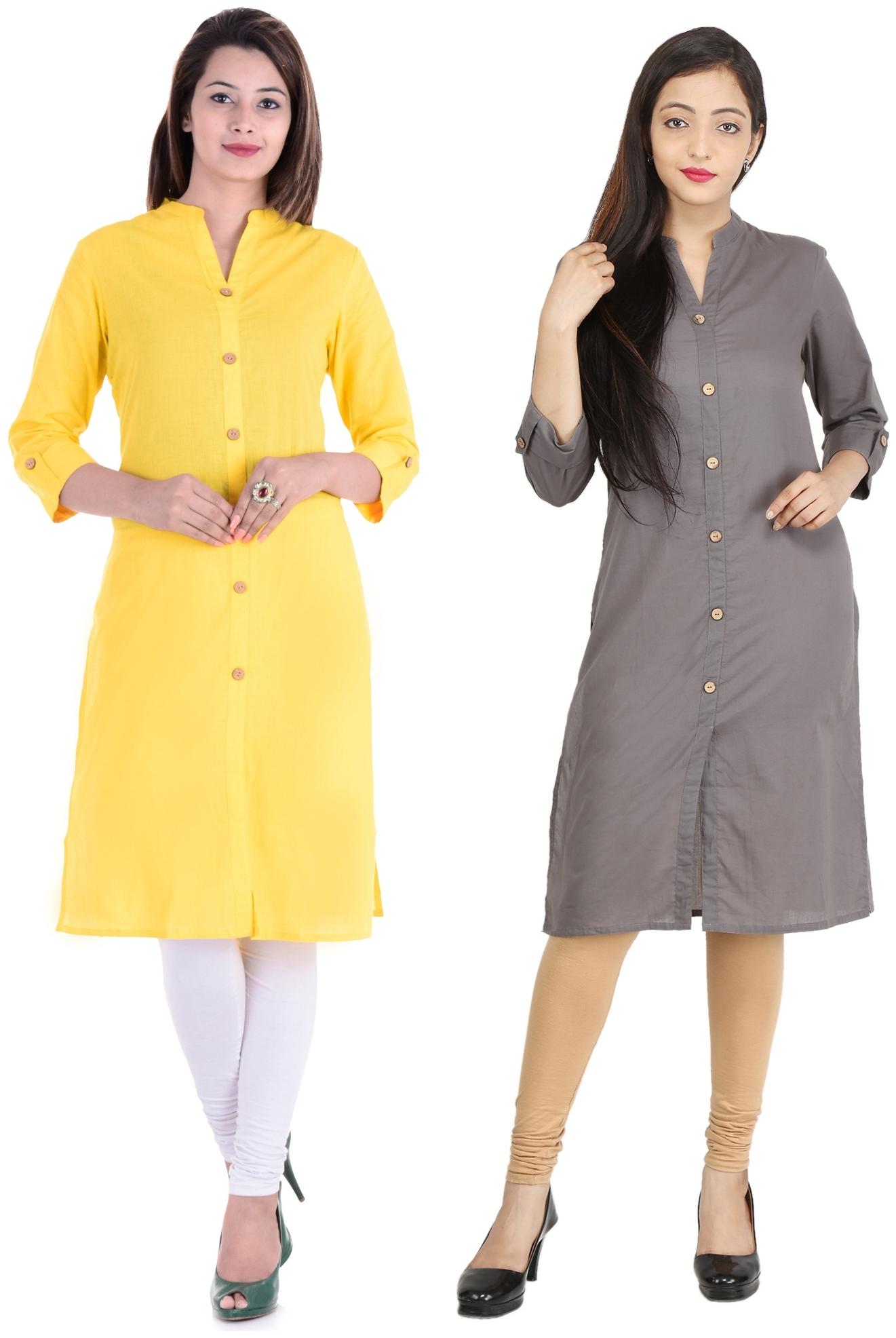 

CHINMAYA Women Yellow Grey Solid Straight Kurti