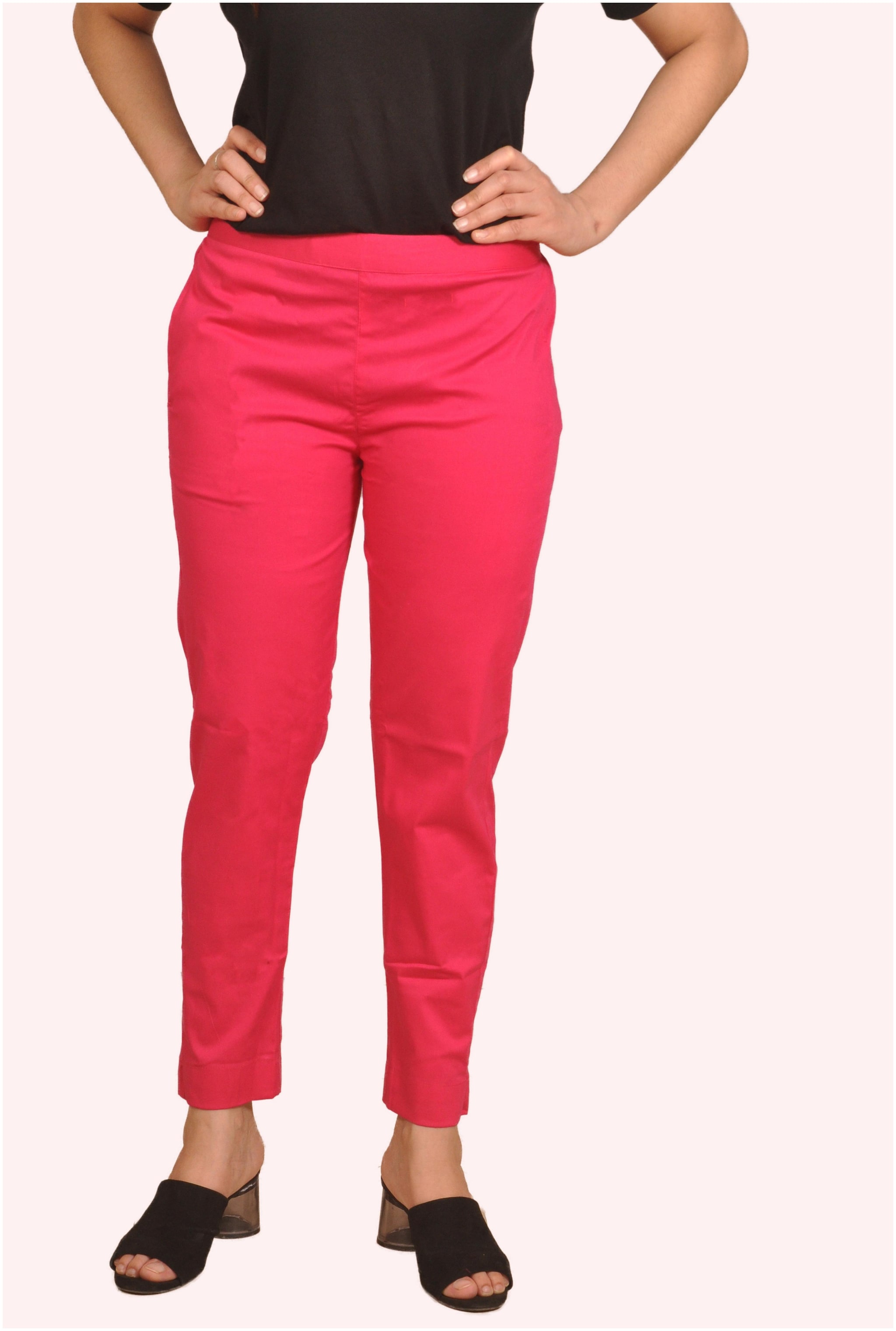 

Chinmaya Womens Casual Solid Lycra Slim Fit Regular Trouser Pant With 2 Side Pocket (Pink)