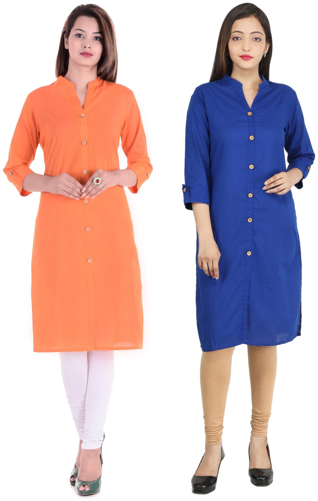

CHINMAYA Women Orange Navy Blue Solid Straight Kurti