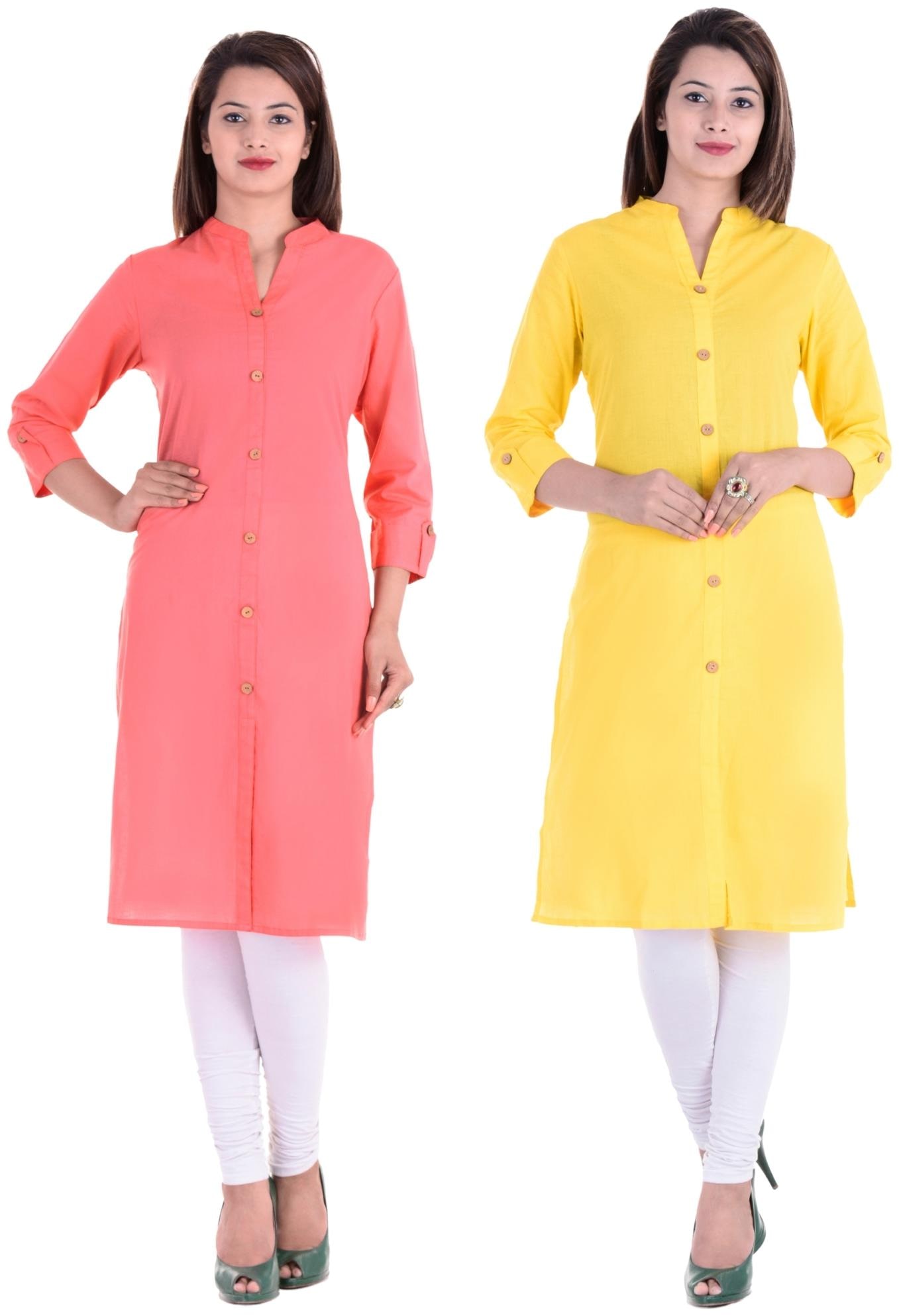 

CHINMAYA Women Pink Yellow Solid Straight Kurti