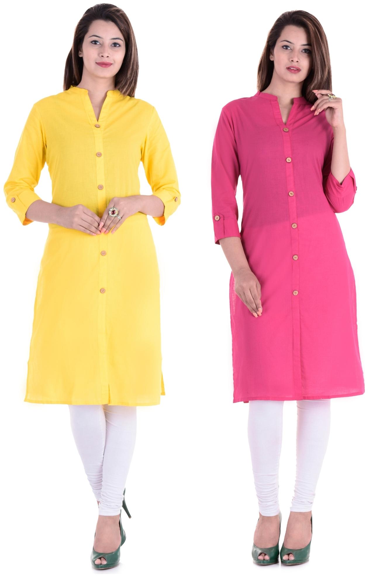 

CHINMAYA Women Yellow Pink Solid Straight Kurti