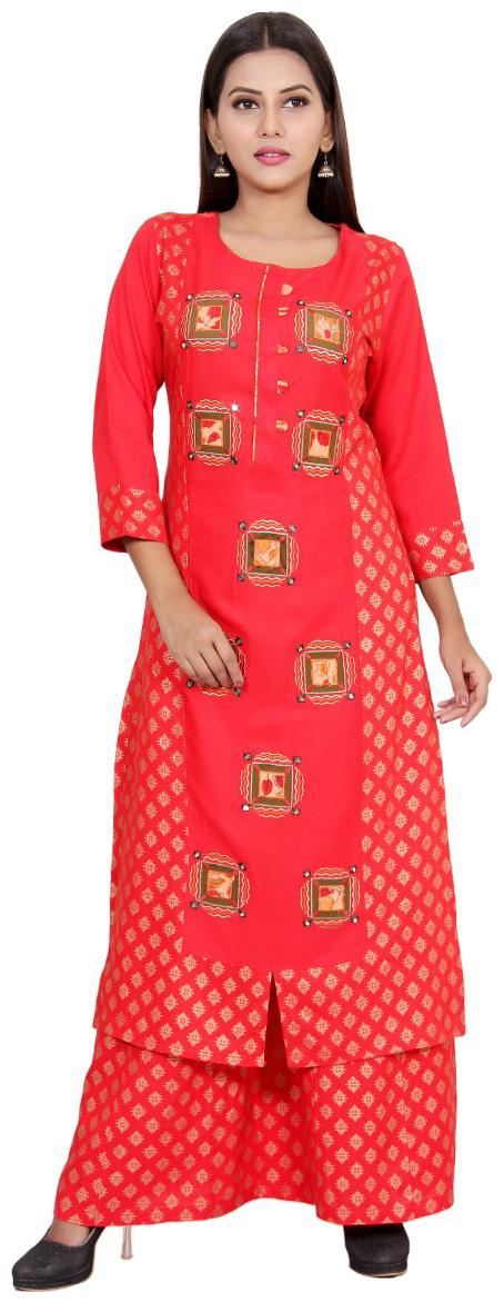 

CHRISTEENA Women Red Printed Straight Kurta With Palazzo
