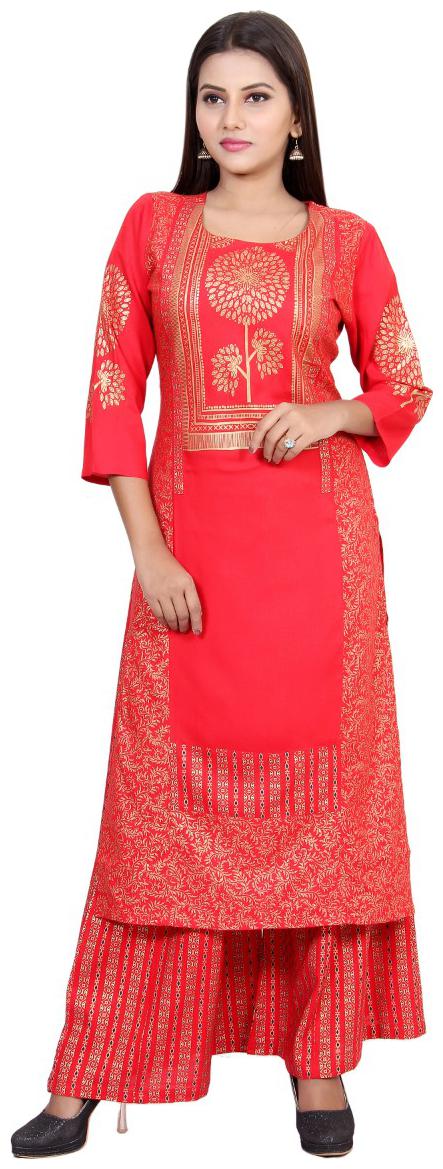 

CHRISTEENA Women Red Printed Straight Kurta With Palazzo