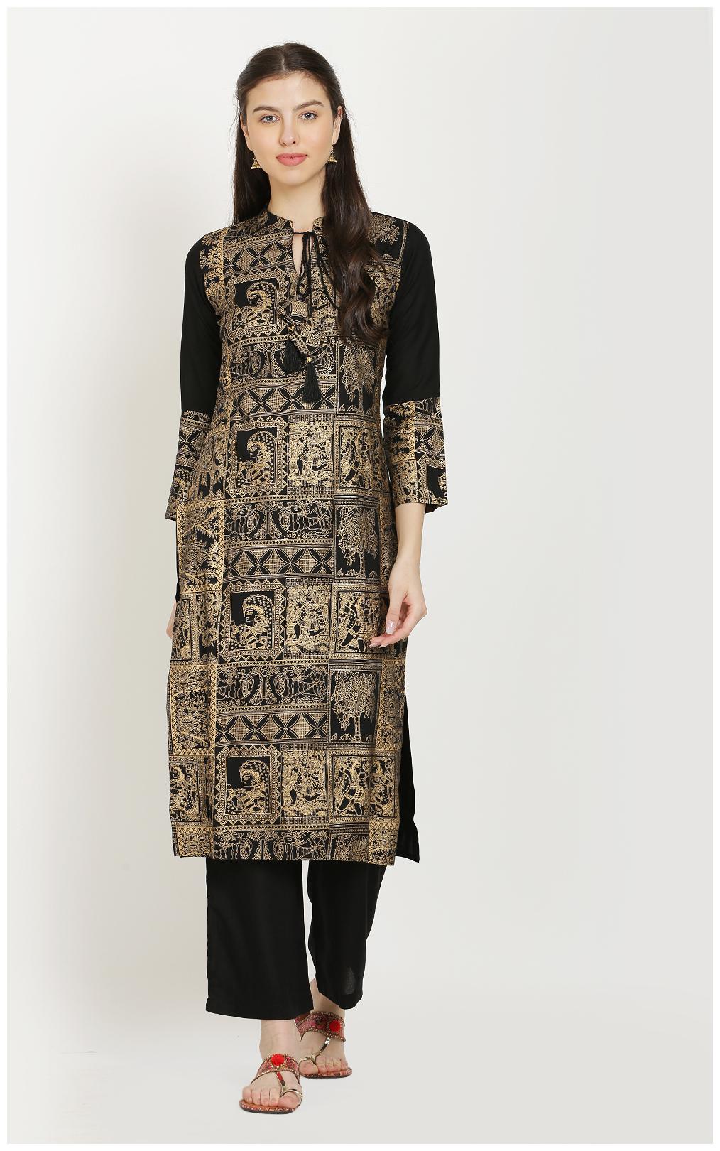 

CHRISTEENA Rayon Printed Kurta With Palazzo Black