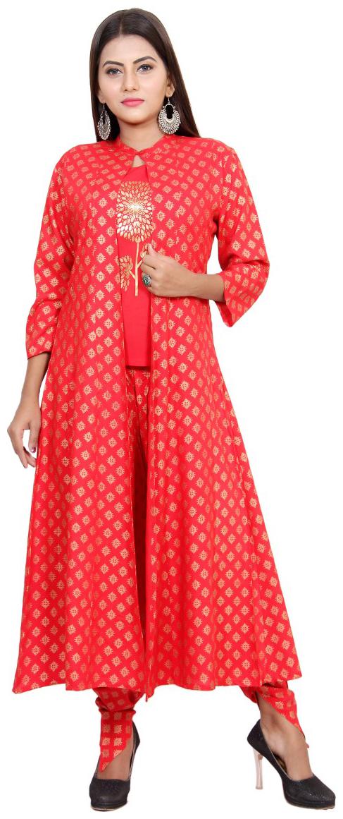 

Christeena rayon fabric 3 4 sleeve length round neck self design pattern casual and party wear use women printed full long kurti with dhoti pant set