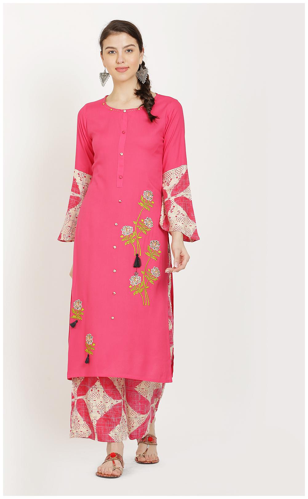 

CHRISTEENA Rayon Embroidery Kurta With Palazzo Pink