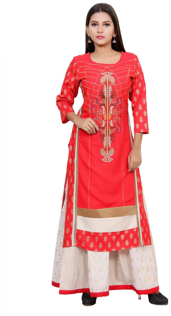 

CHRISTEENA Women Red Printed Straight Kurta With Palazzo