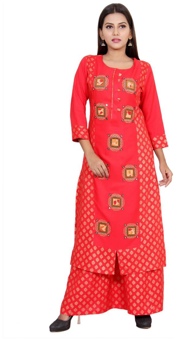 

CHRISTEENA Women Red Printed Straight Kurta With Palazzo