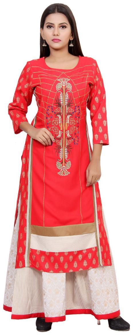 

CHRISTEENA Women Red Printed Straight Kurta With Palazzo