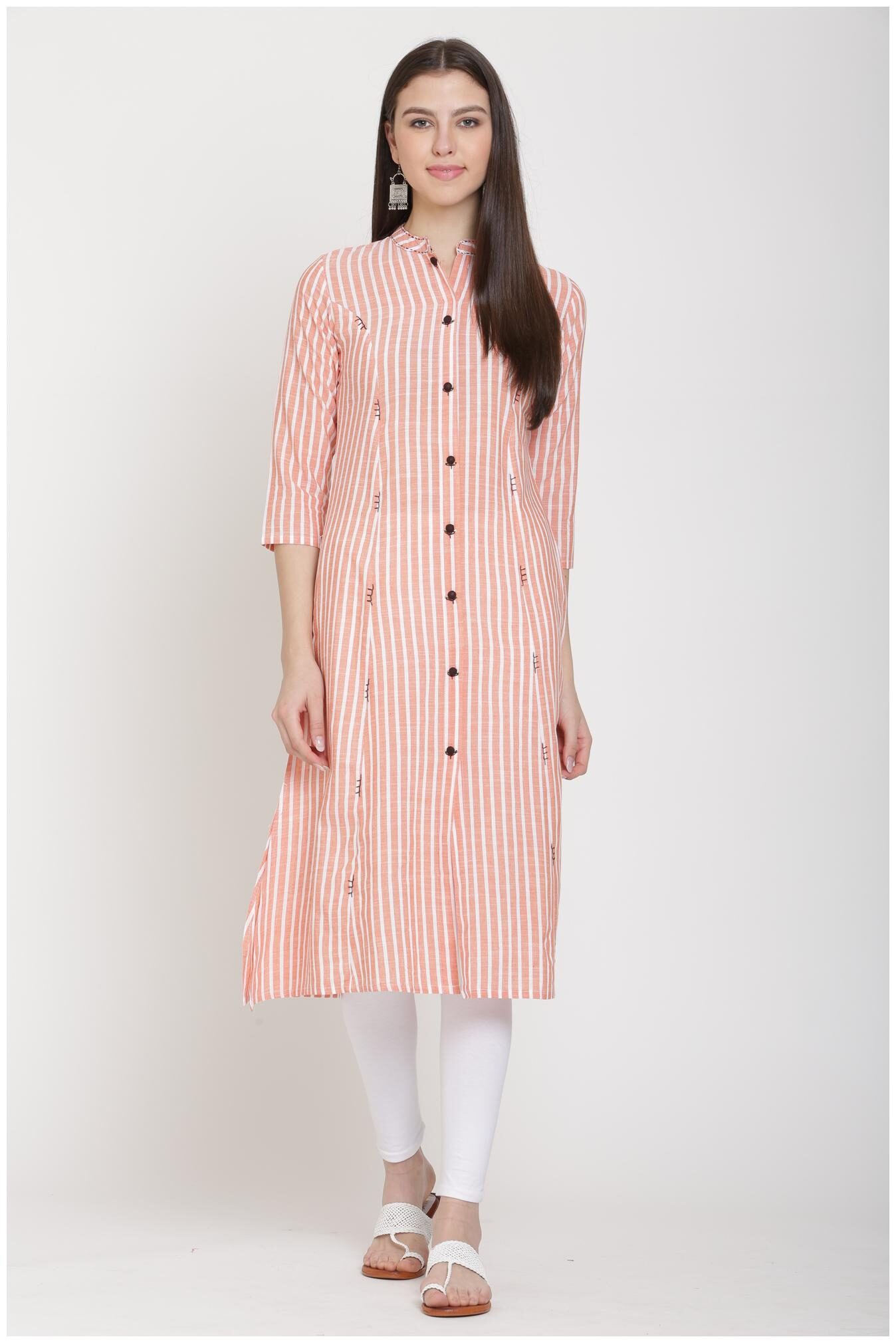 

CHRISTEENA Women Orange Striped Straight Kurta