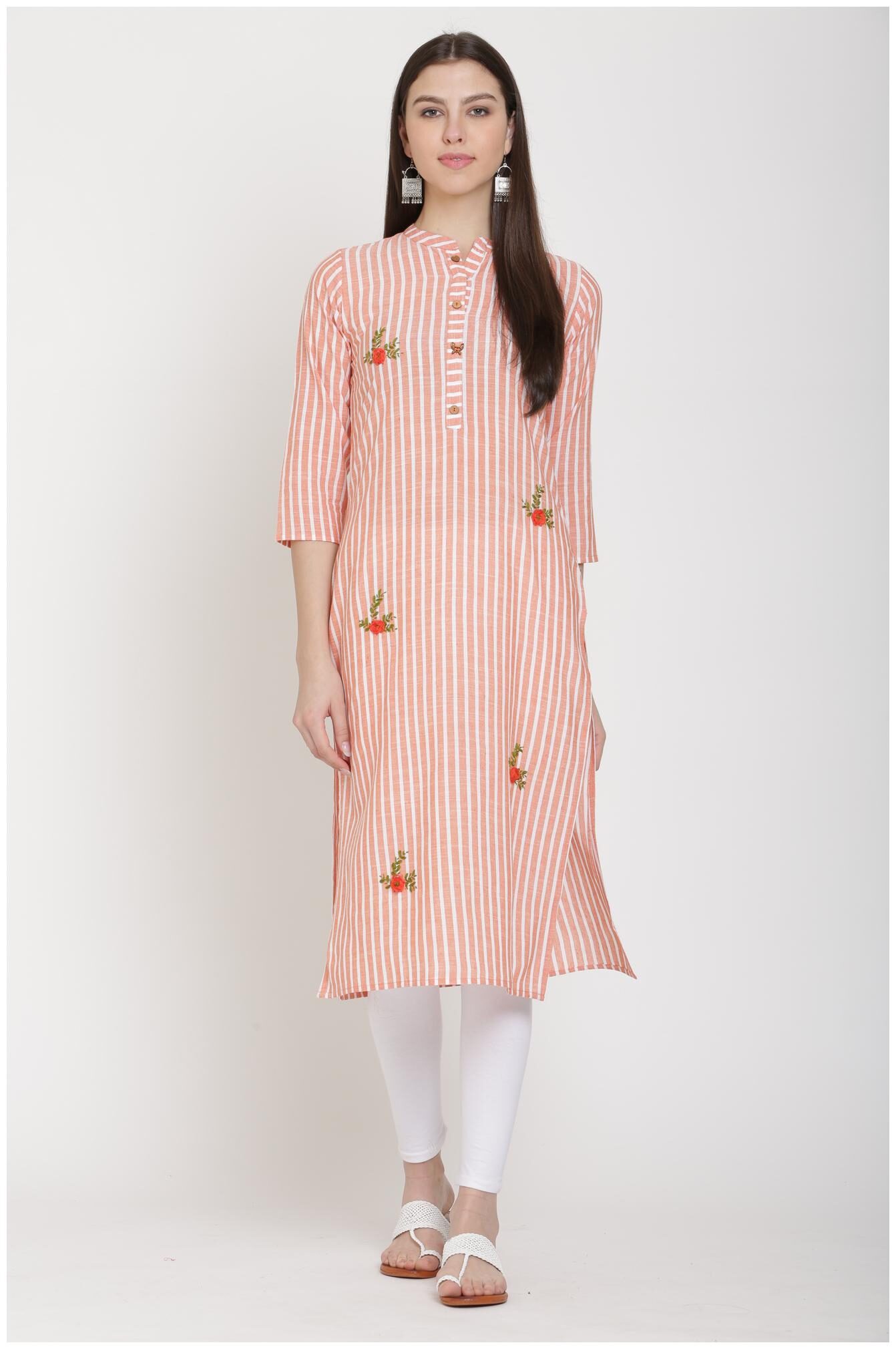 

CHRISTEENA Women Orange Striped Straight Kurta