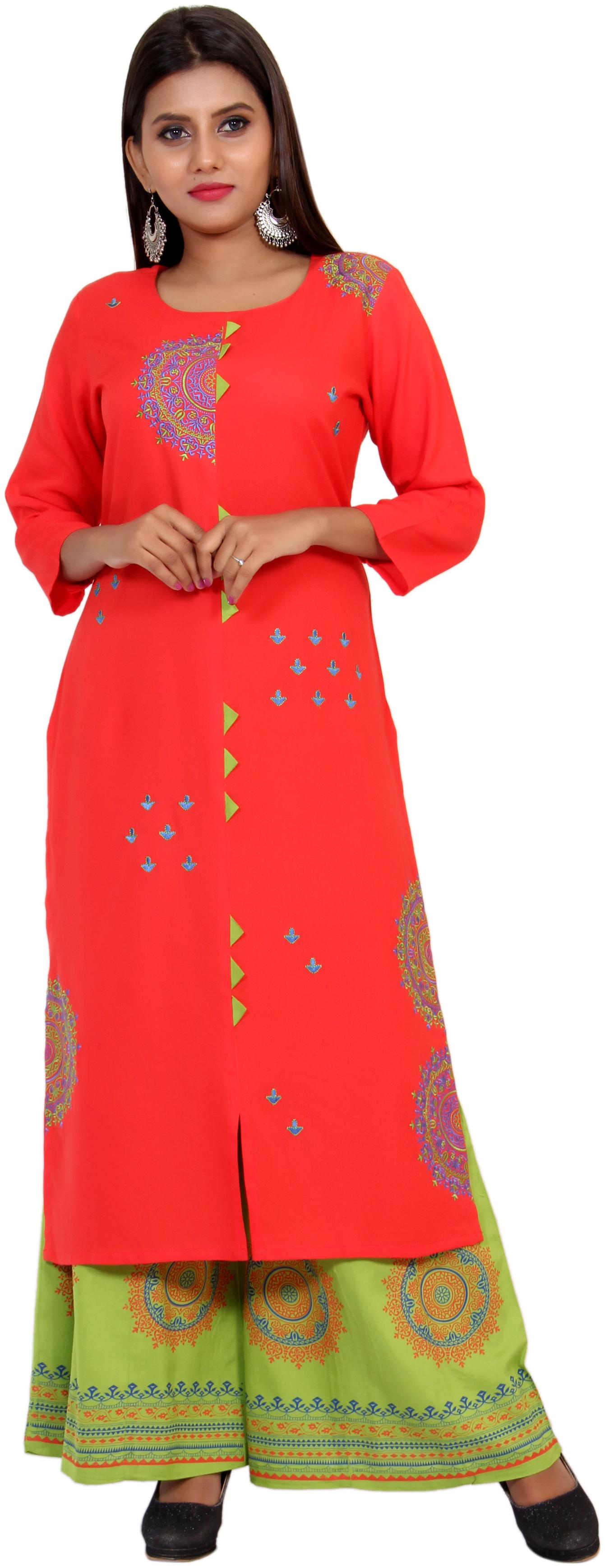 

CHRISTEENA Women Rayon Embroidery Straight Kurta With Palazzo Red Green