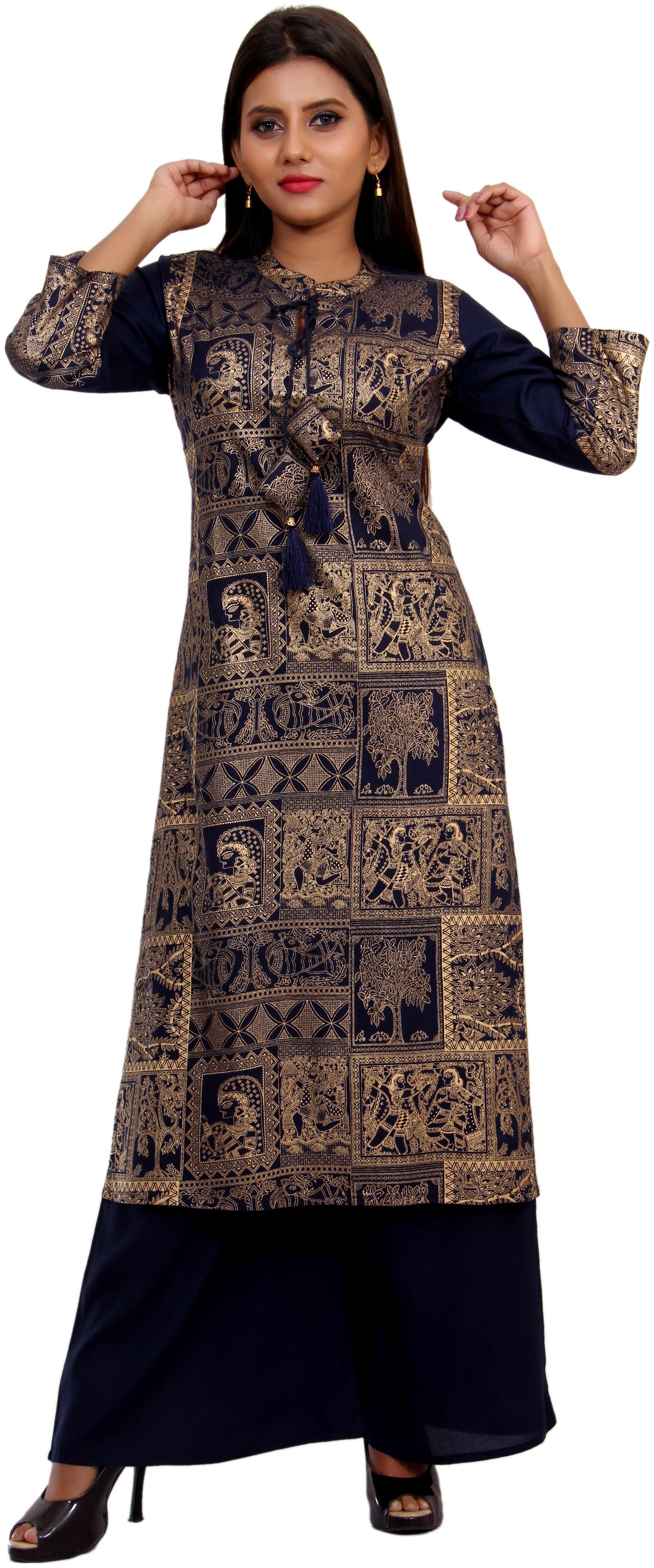 

CHRISTEENA Women Blue Beige Printed Straight Kurta With Palazzo