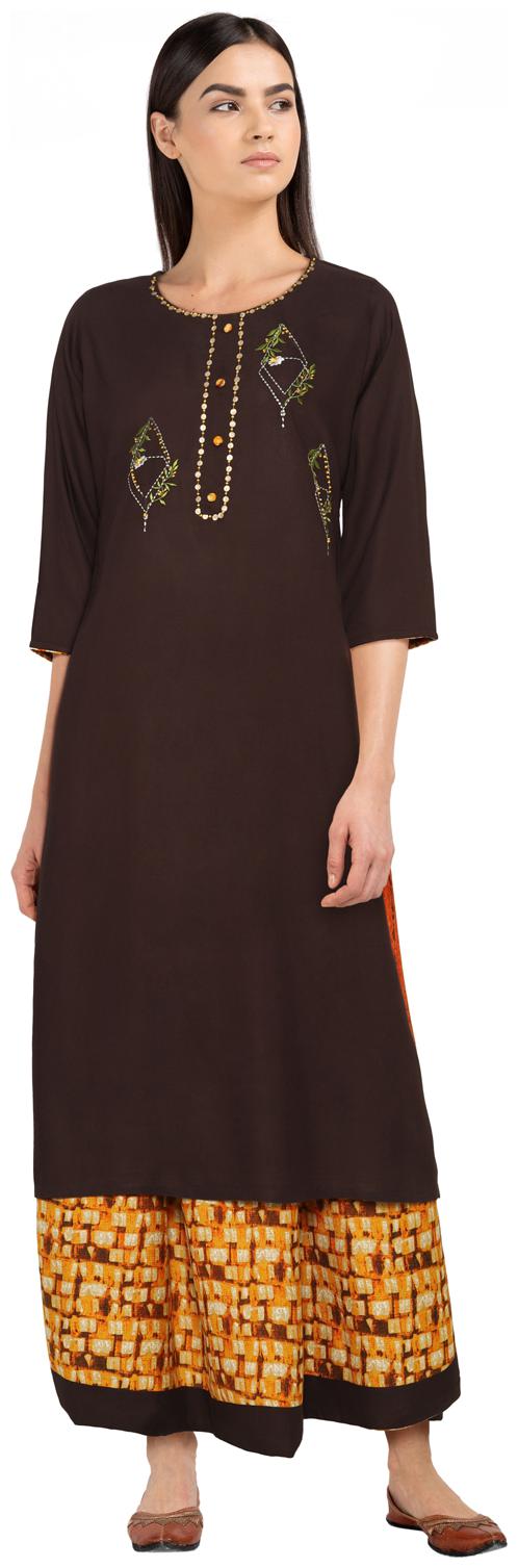 

CHRISTEENA Women Viscose Rayon Embroidered Kurta Brown