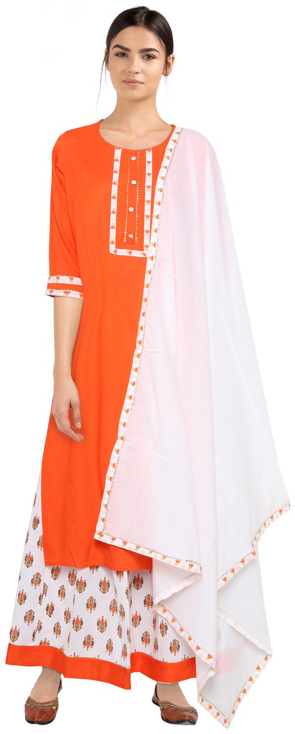 

CHRISTEENA Women Viscose Rayon Embroidered Orange Orange Kurta With Skirt With Dupatta
